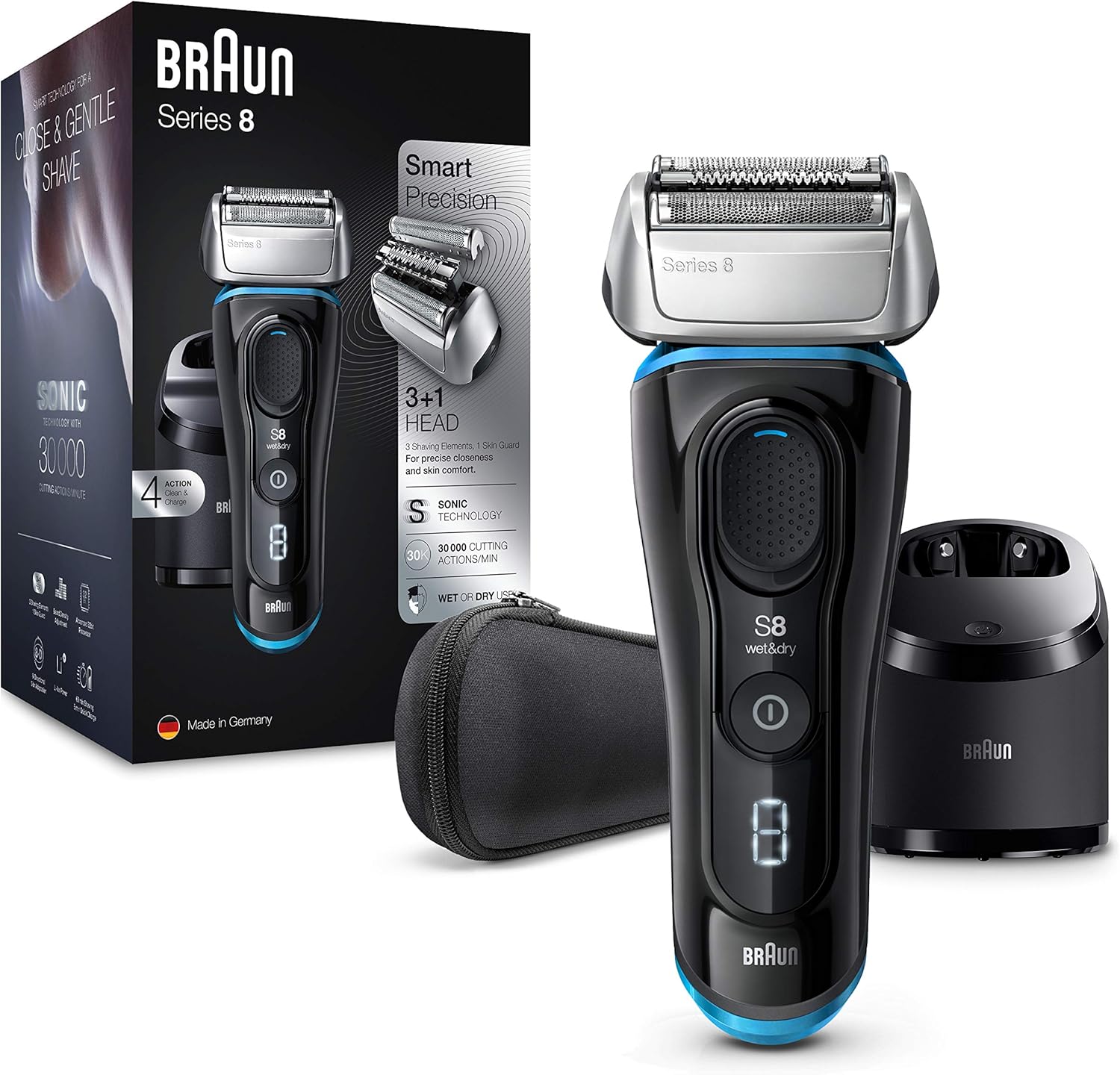 Detalle de Braun Series 8 8385cc Rasoio Elettrico Barba – Lavaggio Wet&Dry, Ricaricabile, Nero, Custodia Viaggio e Base di Ricarica in Tessuto