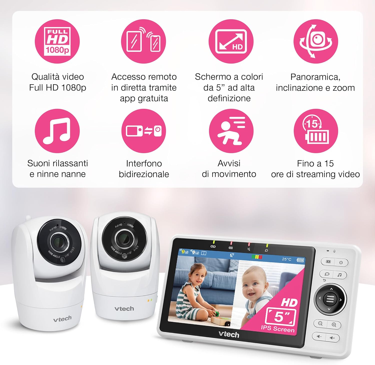 Detalle de VTech VM901-2W: monitor video Wi‑Fi con 2 telecamere e schermo 5" IPS