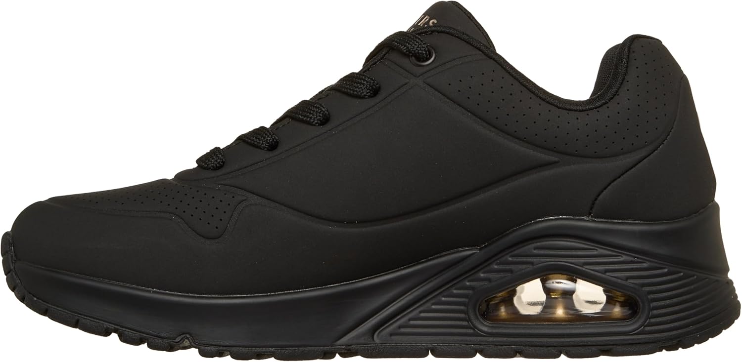 Detalle de Skechers Damen Uno Stand On Air Weit Trainer – Schwarz, Durabuck Mesh, Weitpassform