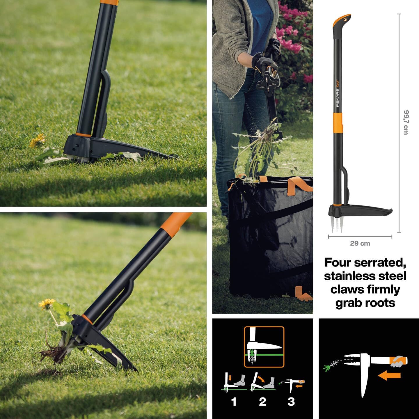 Thumbnail 2 de Fiskars Désherbeur Xact 1 m – bras en acier inoxydable et poignée plastique, noir/orange