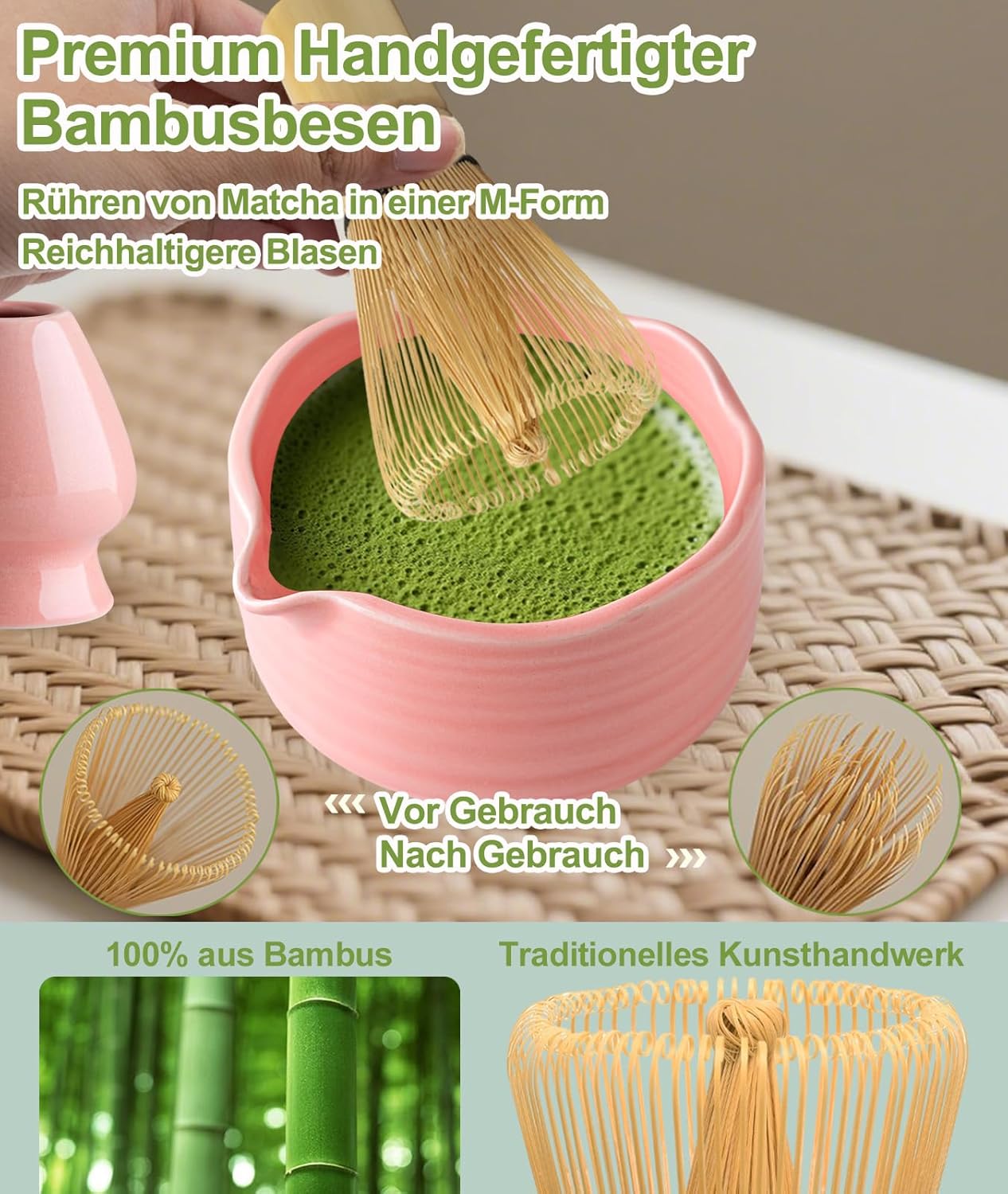 Thumbnail 3 de JBER Matcha Besen Set Pink 7-teilig – Keramikschale, Bambusbesen und Zubehör