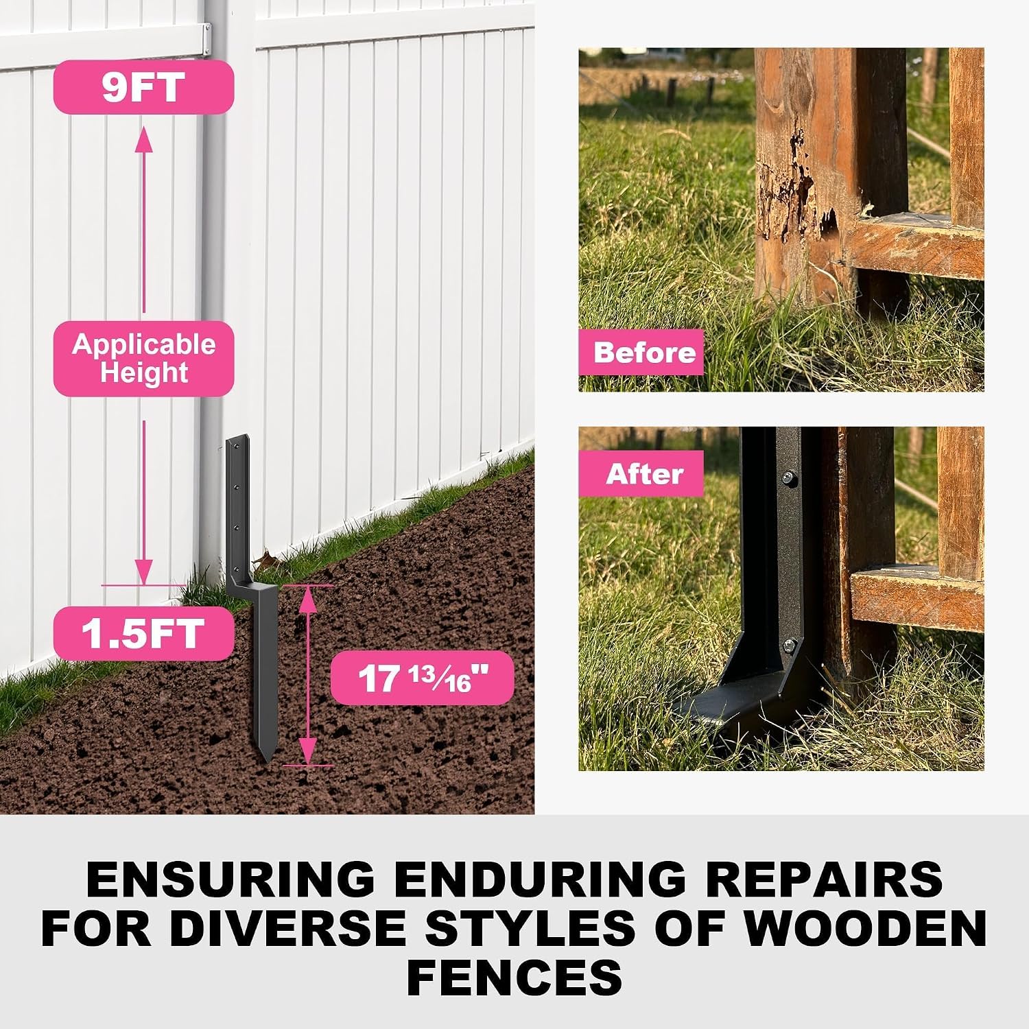 Thumbnail 3 de IRONBABE IB-FPRK-B-85 Fence Post Repair Kit, 33.62-Inch Steel, 4-Pack