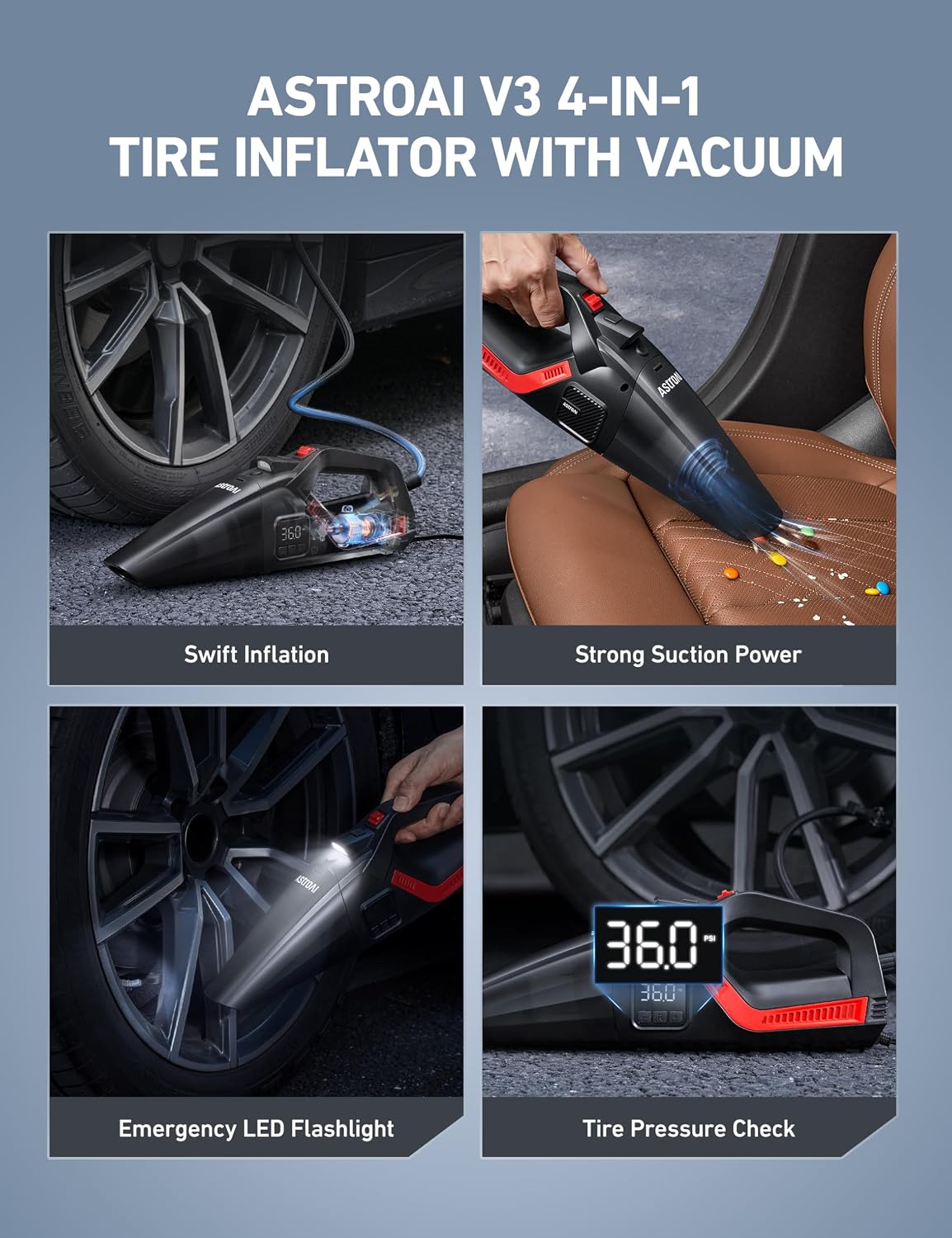 Detalle de AstroAI V3 4-in-1 Car Vacuum and Tire Inflator with 150 PSI Pump