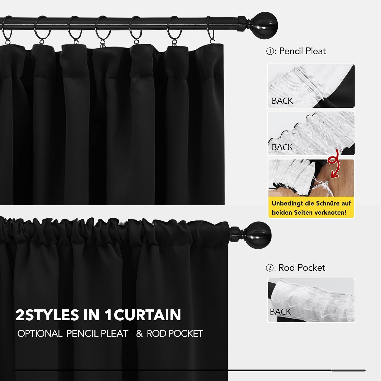 Detalle de Deconovo Pencil Pleat Curtains: Energy Saving, Noise Reducing, Blackout 2-Panels (W55 x L79 Inch) in Black