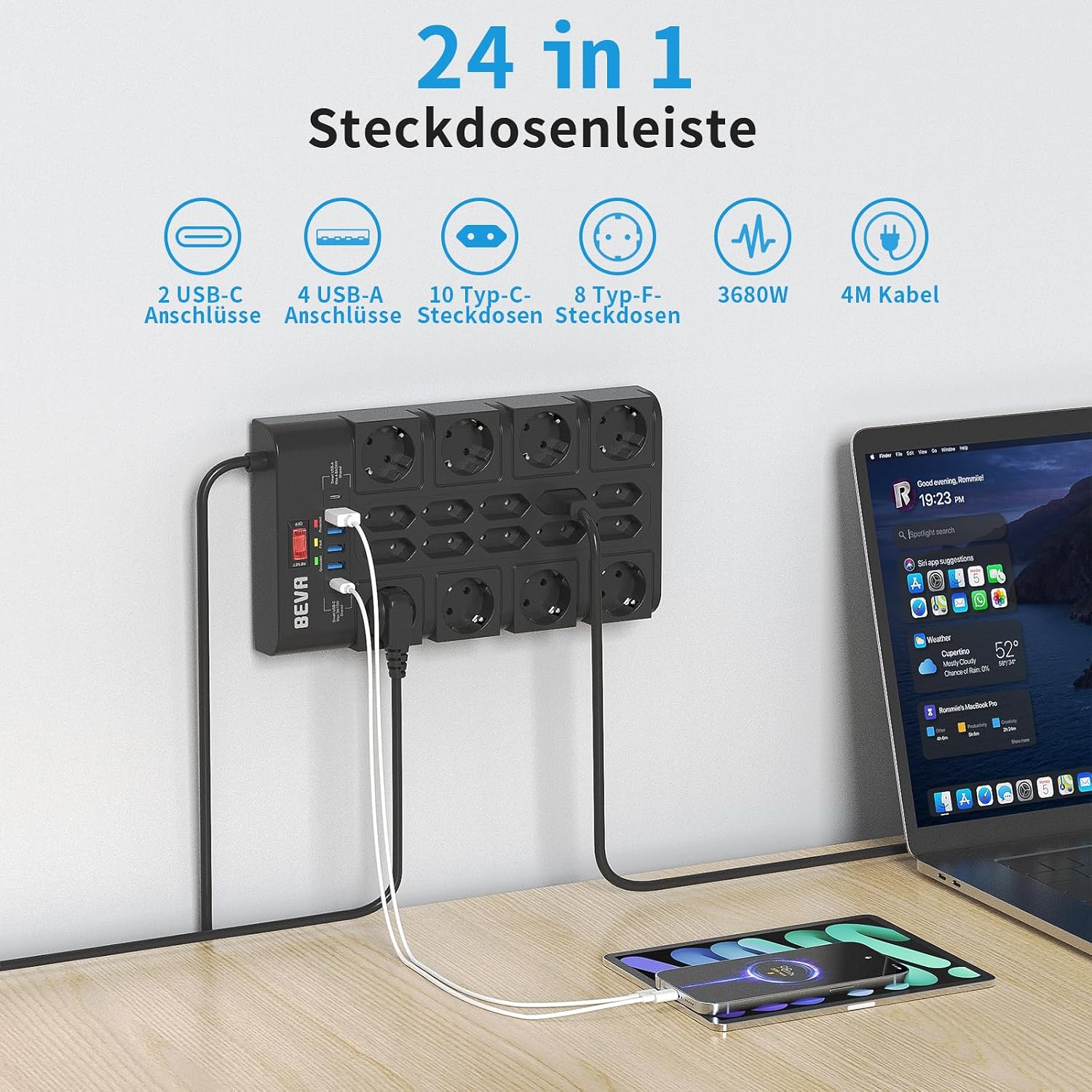 Detalle 2 de BEVA 18-fach Mehrfachsteckdose mit USB‑C und 4 m Kabel (3680 W/16 A) + 2100 J Überspannungsschutz