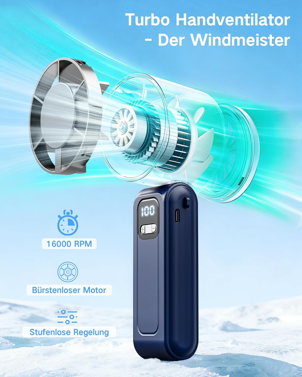 Detalle de Foumteex 2026 Neu: Tragbarer 3-in-1 Handventilator mit 16000 U/min, 5000 mAh Akku, USB-C Schnellladung und 16 Std. Laufzeit