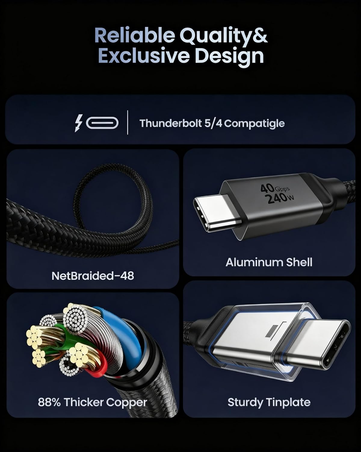 Detalle de Silkland USB-C Monitor Kabel 80 cm – Thunderbolt 4, 8K@60Hz, 4K@144Hz, USB4, 240W PD3.1