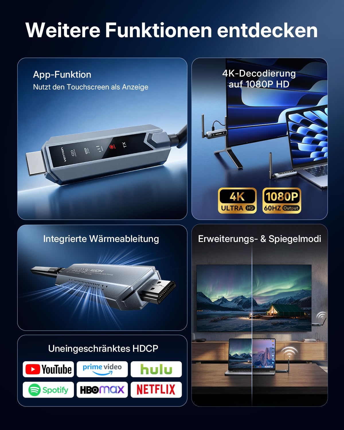 Thumbnail 5 de VENTION Wireless HDMI Set: 1 Sender + 2 Empfänger – 120 m Reichweite, 4K Dekodierung, Plug & Play