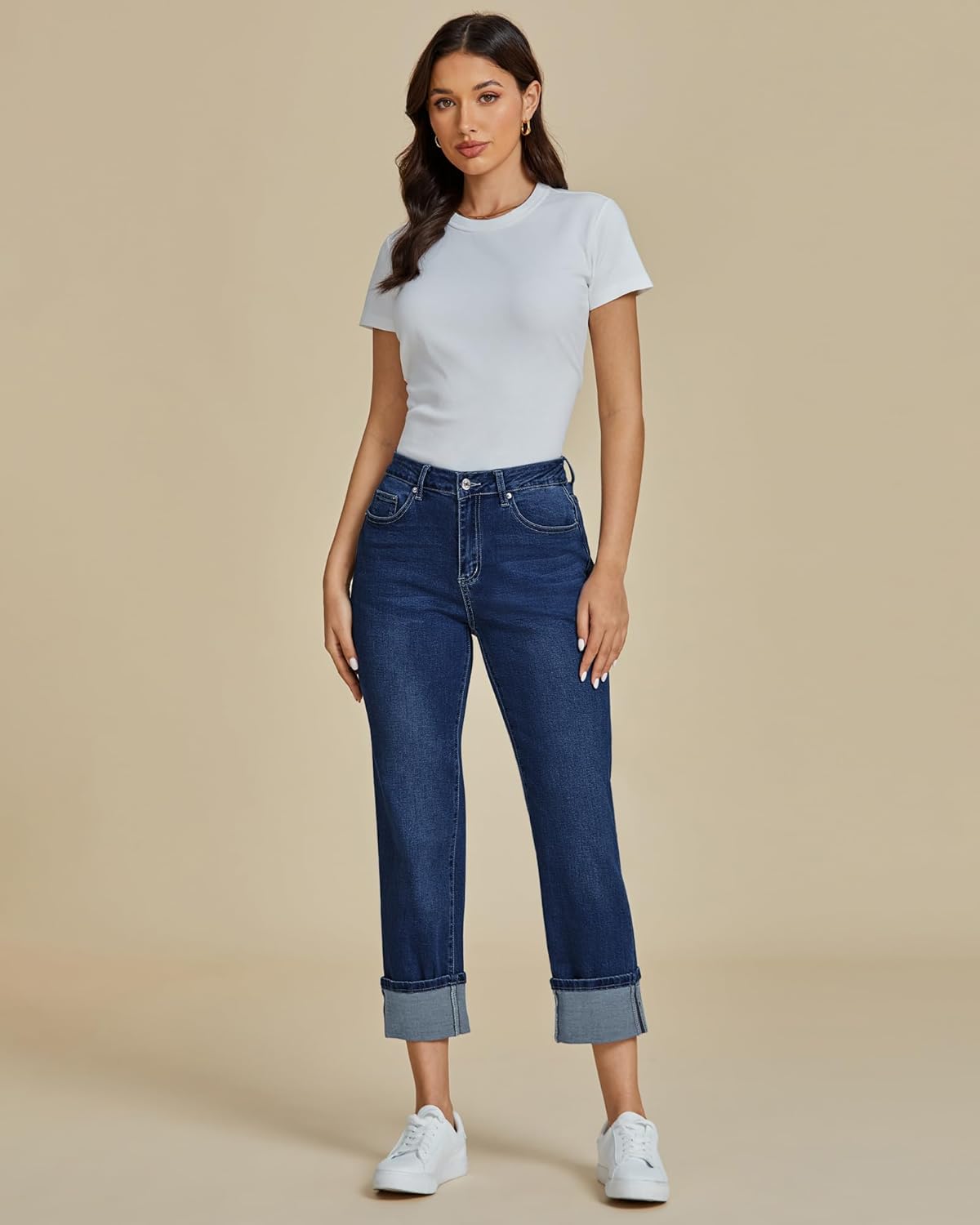 Thumbnail 3 de luvamia Straight Leg Jeans for Women – Cropped High-Waisted with Cuffed Hem and Stretchy Comfort