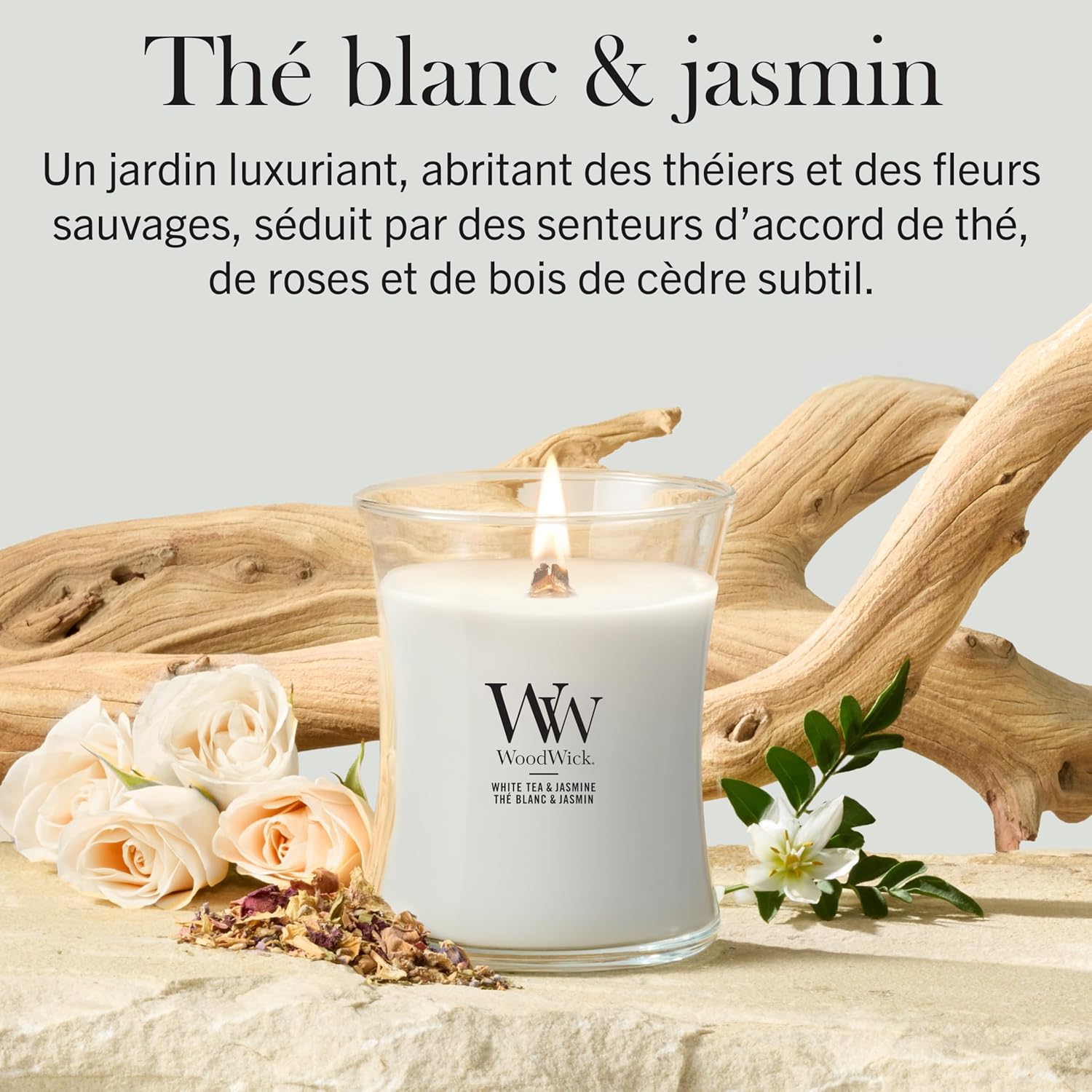 Detalle de WoodWick jarre parfumée moyenne Thé Blanc & Jasmin à mèche en bois crépitante (jusqu’à 60 h)