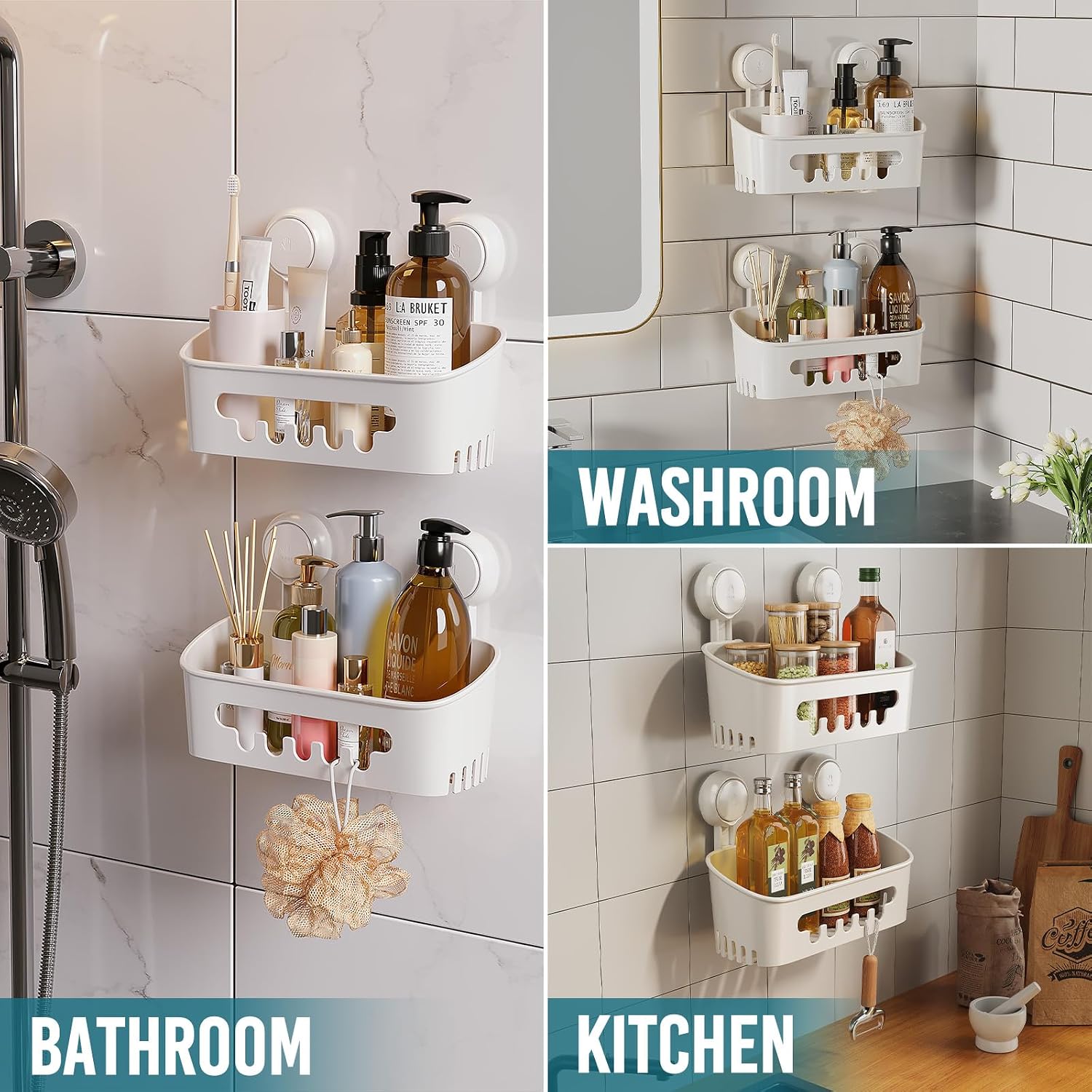 Detalle de TAILI Shower Caddy Suction Cup 2 Pack Heavy-Duty Bathroom Shower Organiser, White