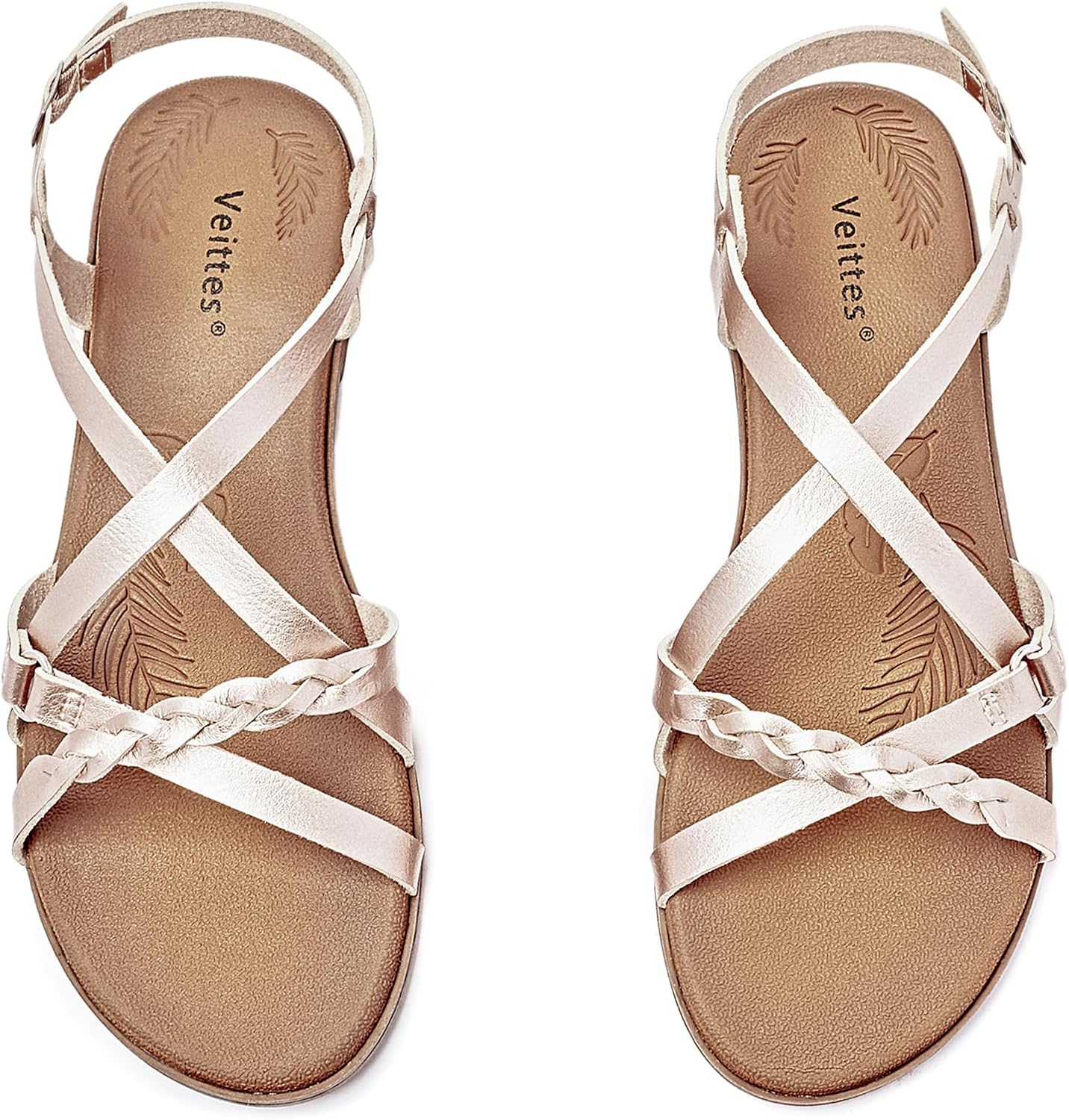 Detalle de Veittes Women's Casual Flat Slide Sandals with Fashion Braided Cross Straps and Adjustable Ankle Straps