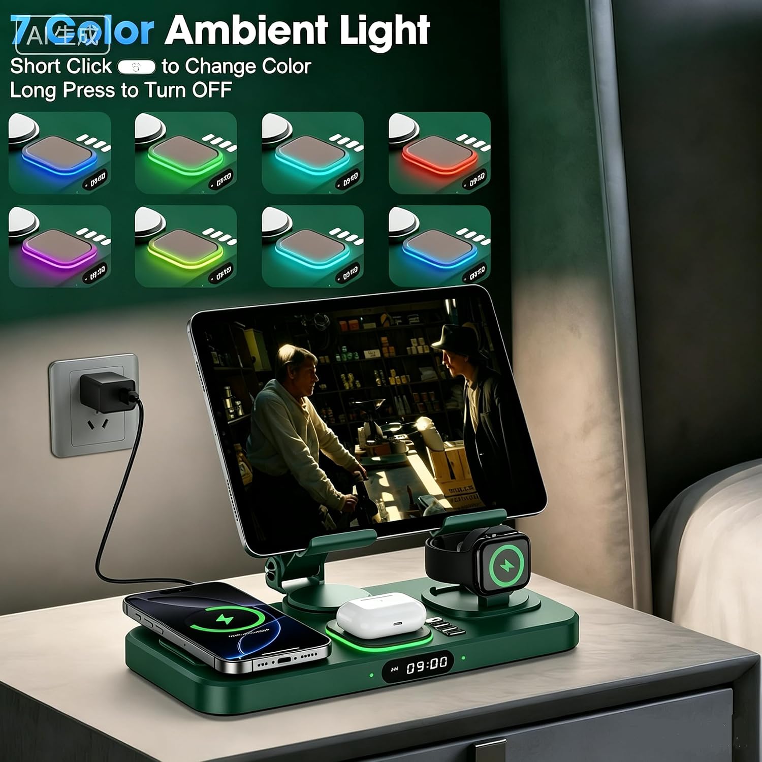 Detalle 2 de Opinta 6-in-1 Wireless Charging Station with Foldable iPad Stand, Clock & Light