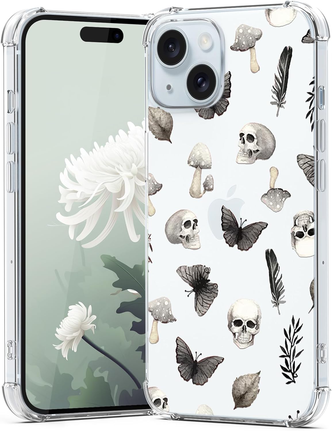 Detalle de CAROKI Clear TPU iPhone 15 Case with Black Skull Pattern