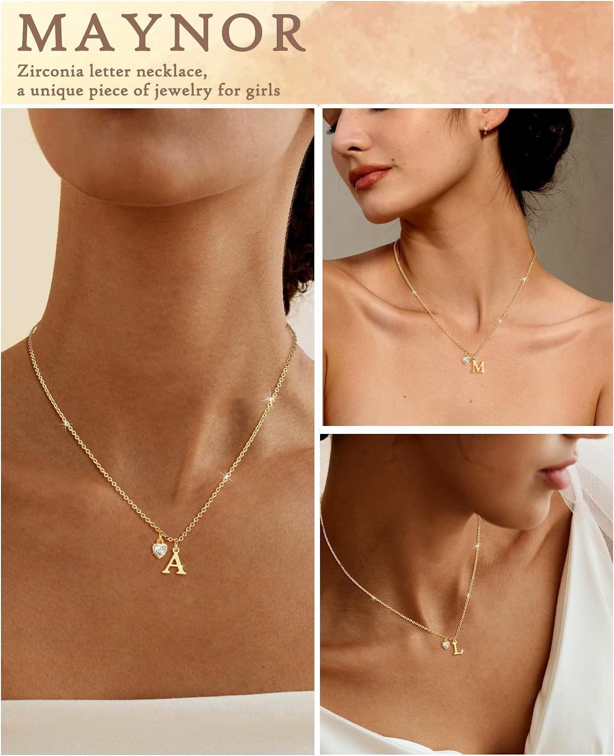 Detalle 2 de Maynor Gold Damen Buchstaben Kette mit Herzanhänger – Initialen A–Z, 18K Vergoldet, 42 cm + 5 cm Verlängerung