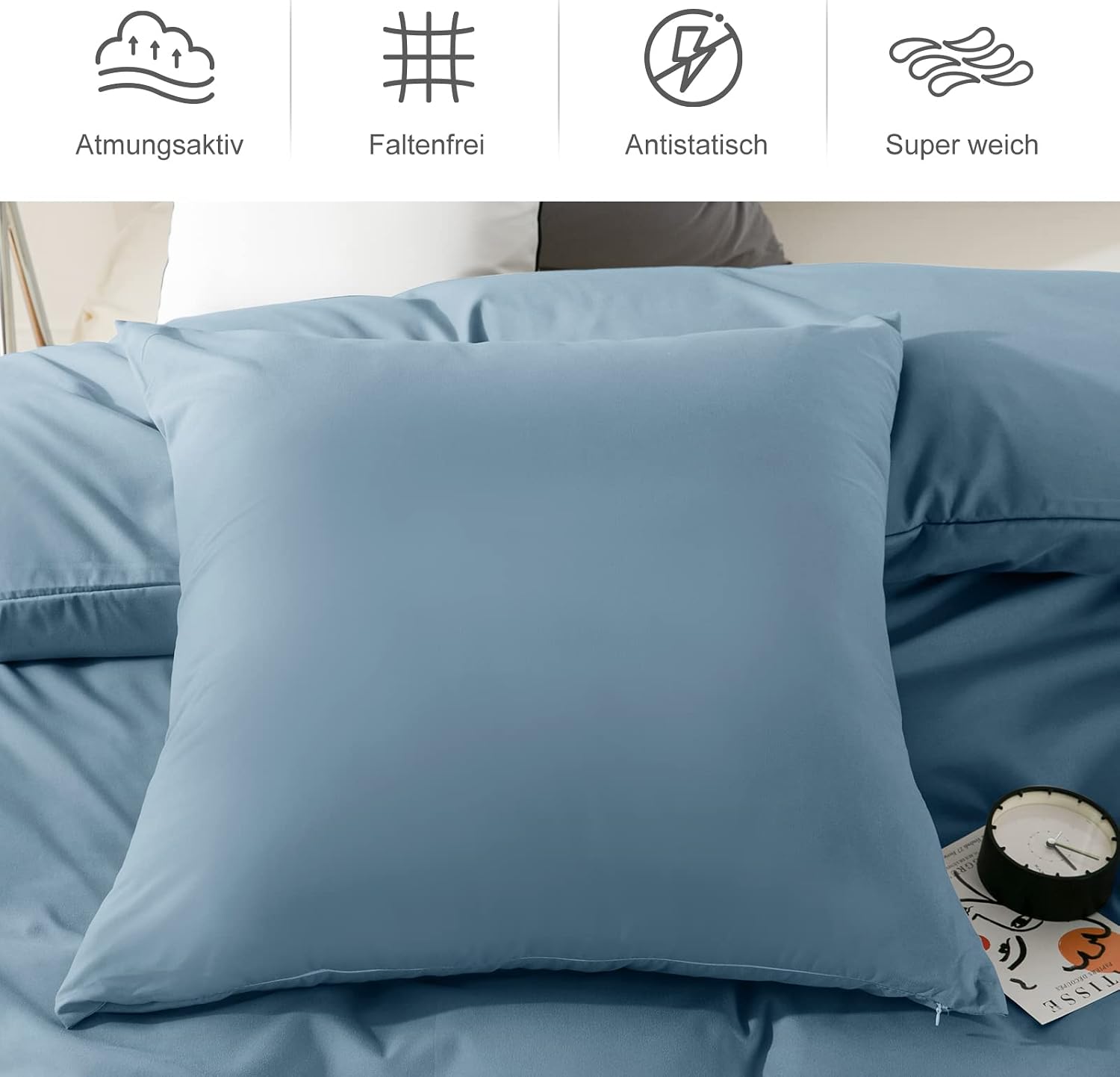 Detalle 2 de REDKEY Kissenbezug 40x80 cm, 2er Set – graublau, mit Reißverschluss, Mikrofaser