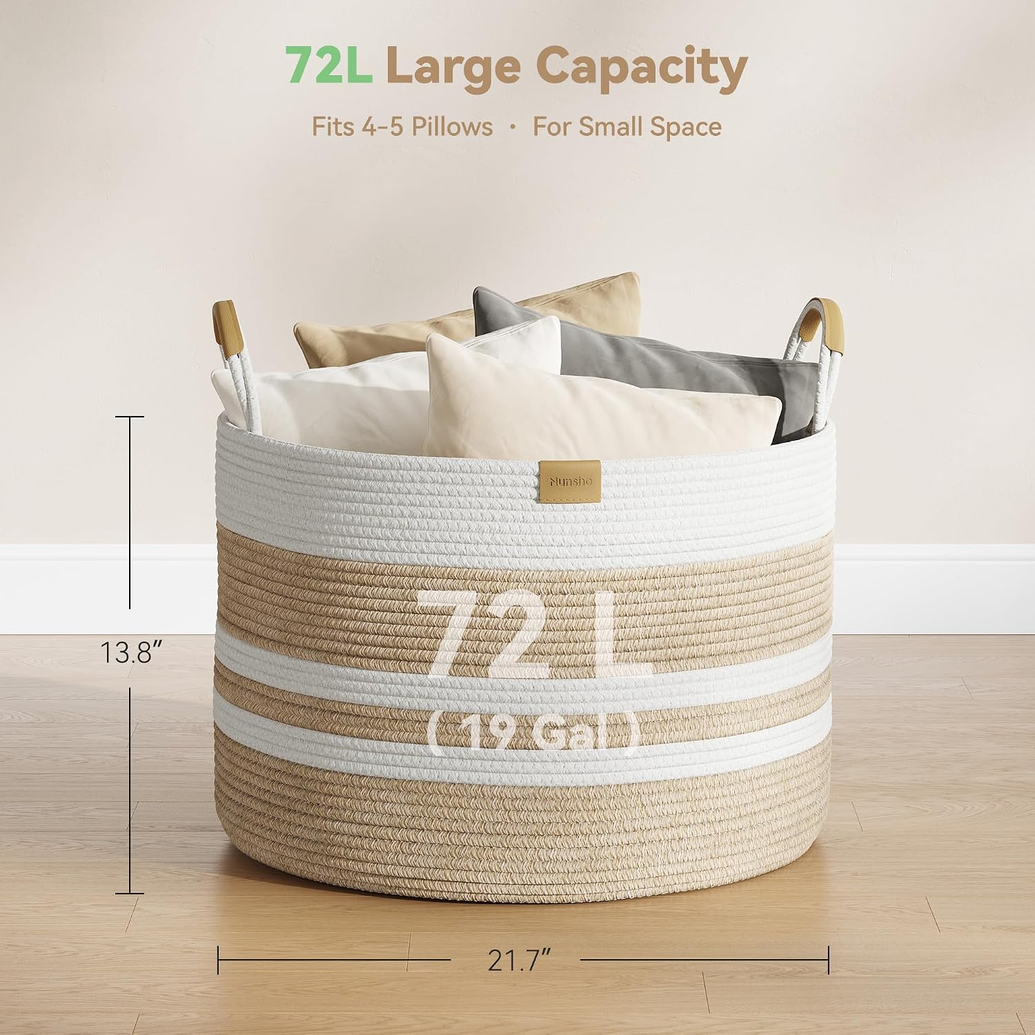 Detalle 2 de Nunsino 72L Cotton Rope Basket with Leather Handles, Brown and White