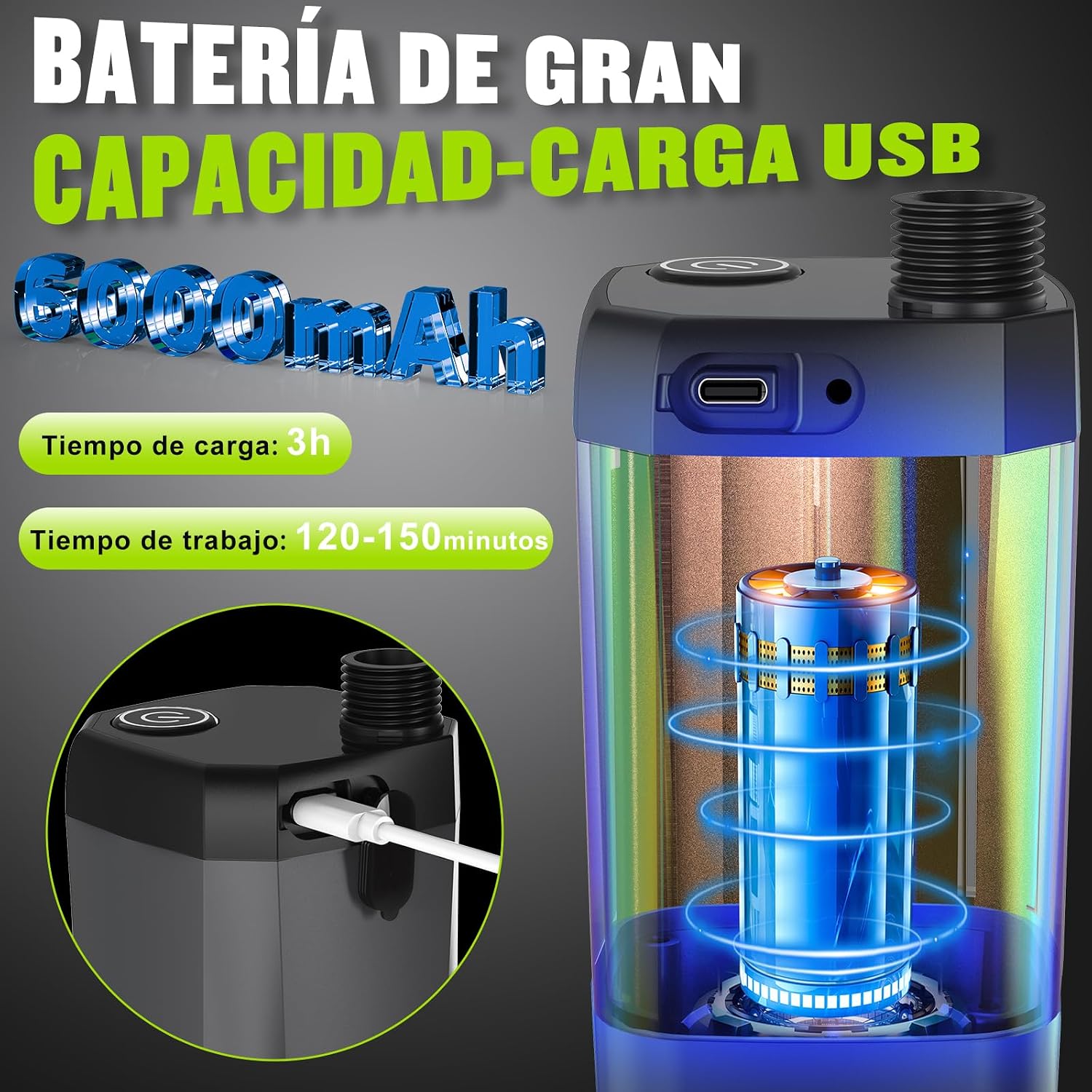 Detalle de Ducha Portátil Spopal Camping con Pantalla de Energía y 6000 mAh: agua limpia, flujo regulable y batería para baños al aire libre