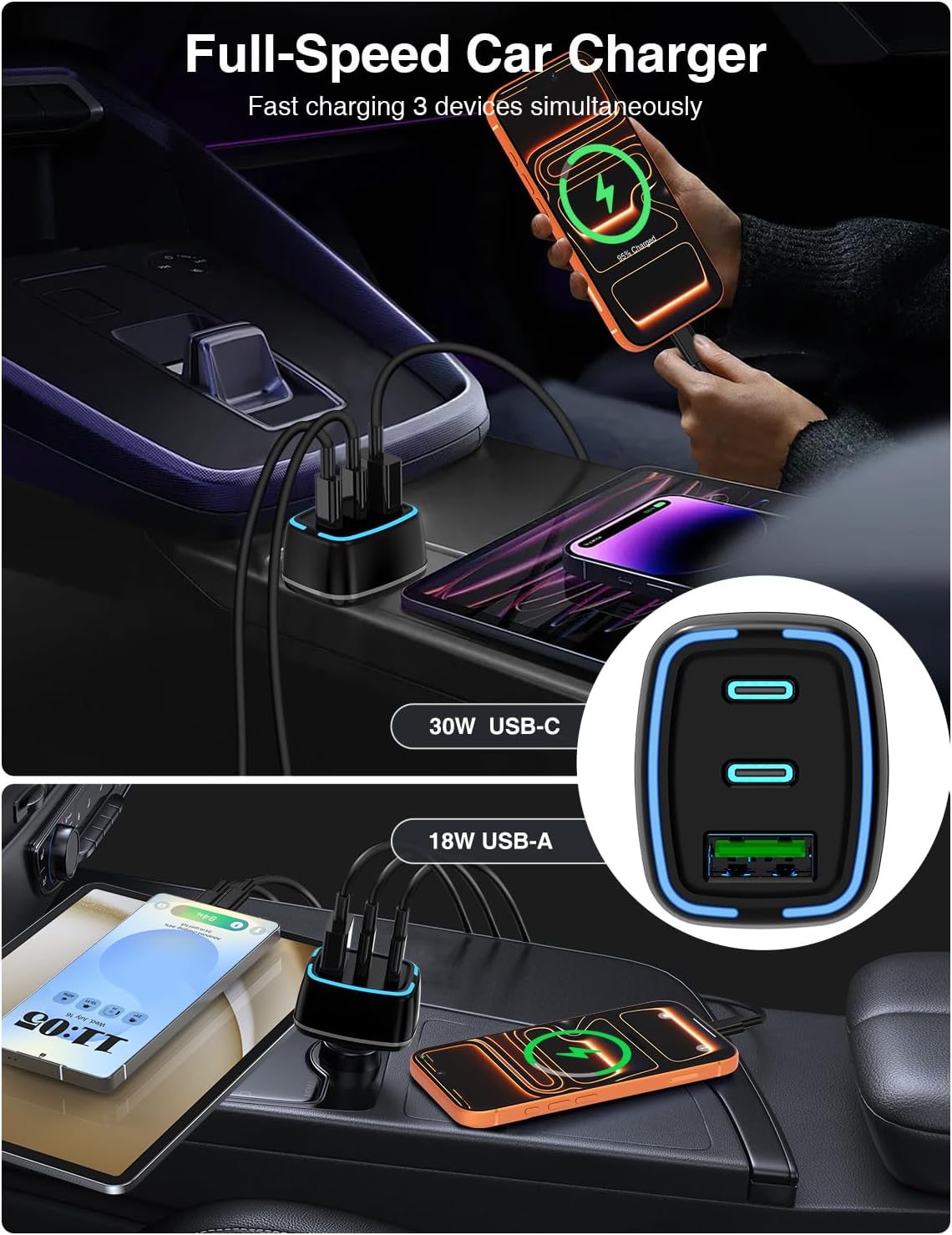 Detalle de QZVOO ZYH-C28 75W 3-Port USB-C Car Charger with Four Cables