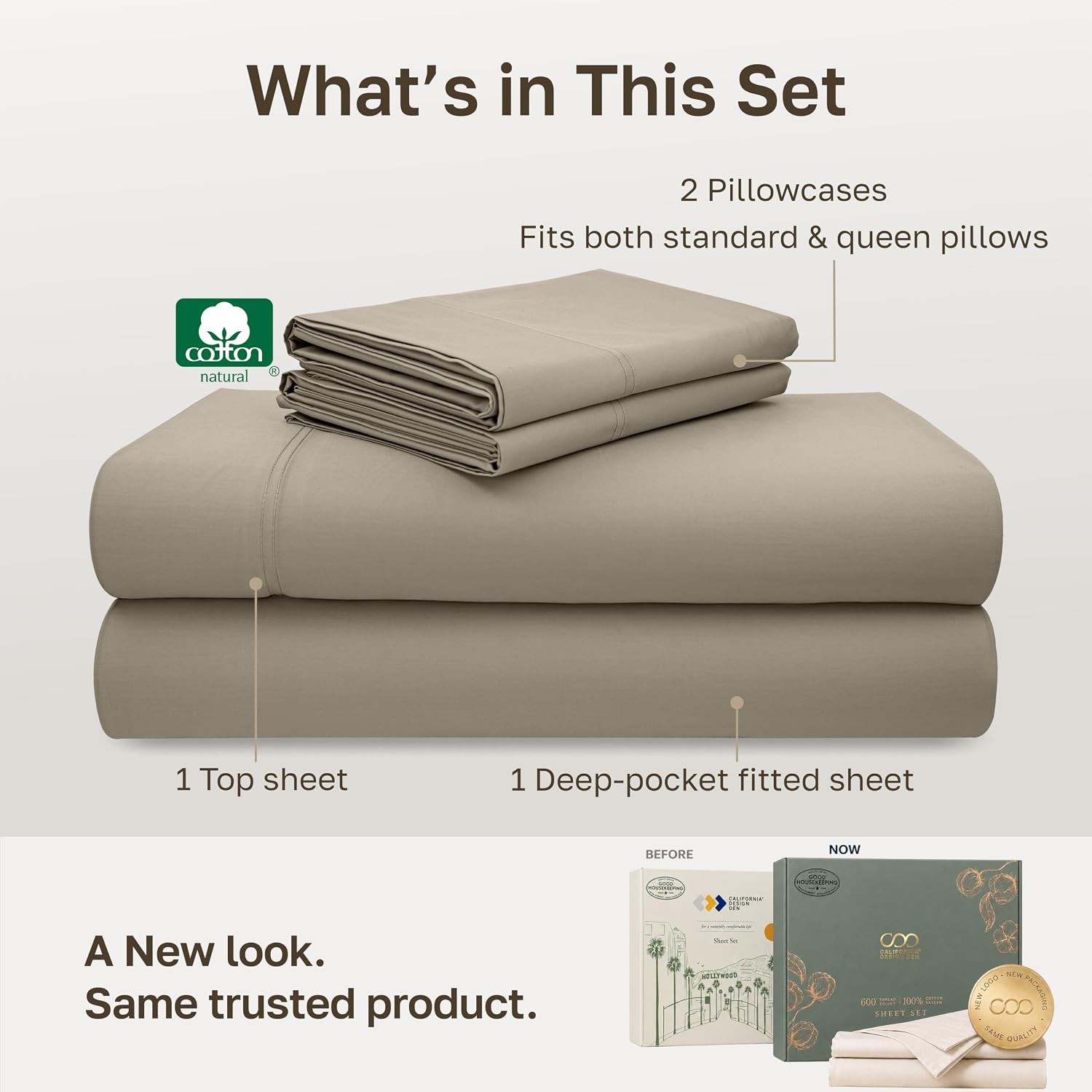 Detalle de California Design Den 840307148247 600 Thread Count Full Sheet Set, Cool Taupe