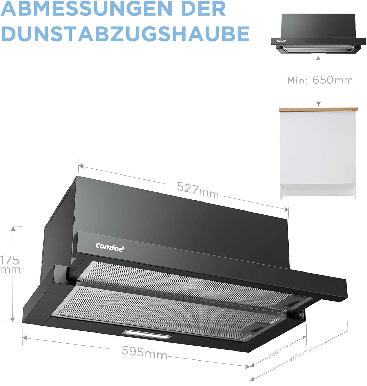 Thumbnail 1 de COMFEE' CHL03M21B Flachschirmhaube für 60 cm Unterbau mit Umluft, 400 m³/h