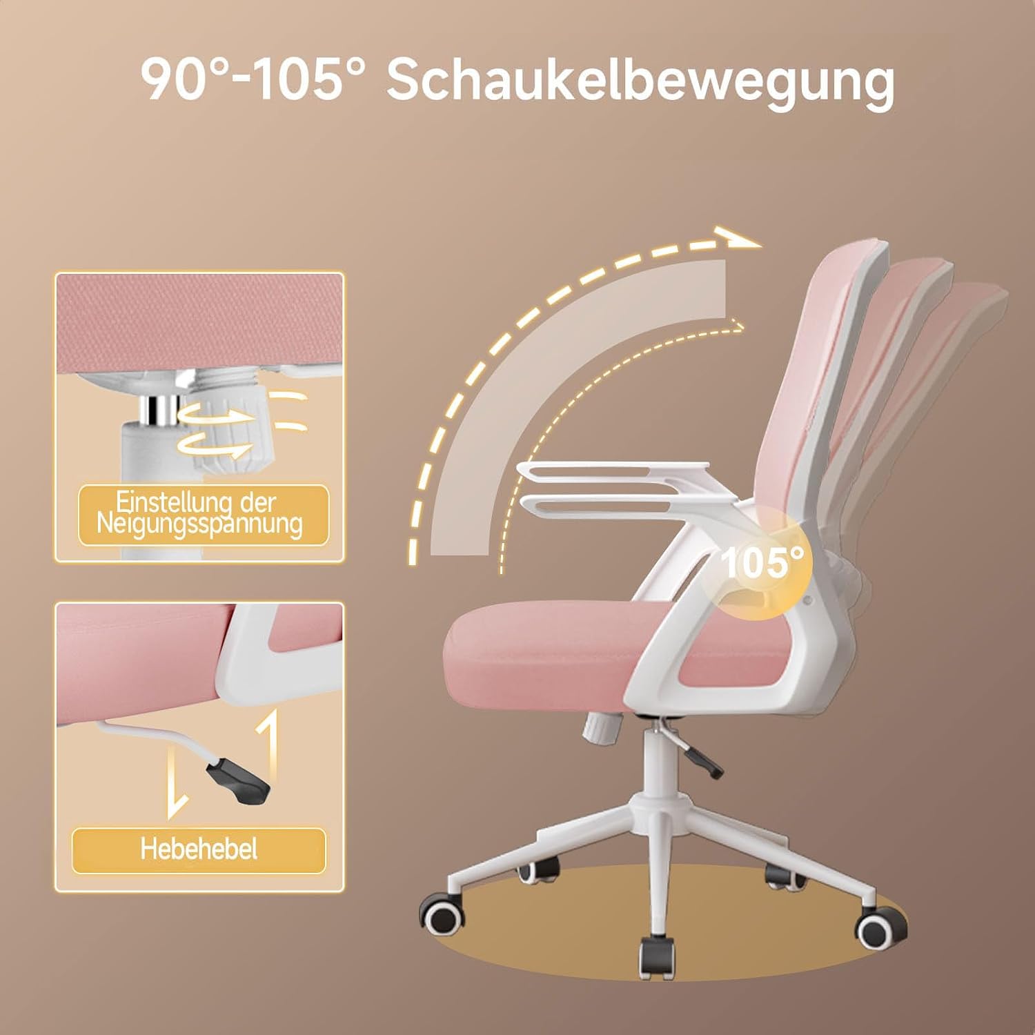 Detalle de nas paluro Bürostuhl Ergonomisch mit Hochklappbaren Armlehnen Rosa – Netzrücken, Lordosenstütze und verstellbare Höhe