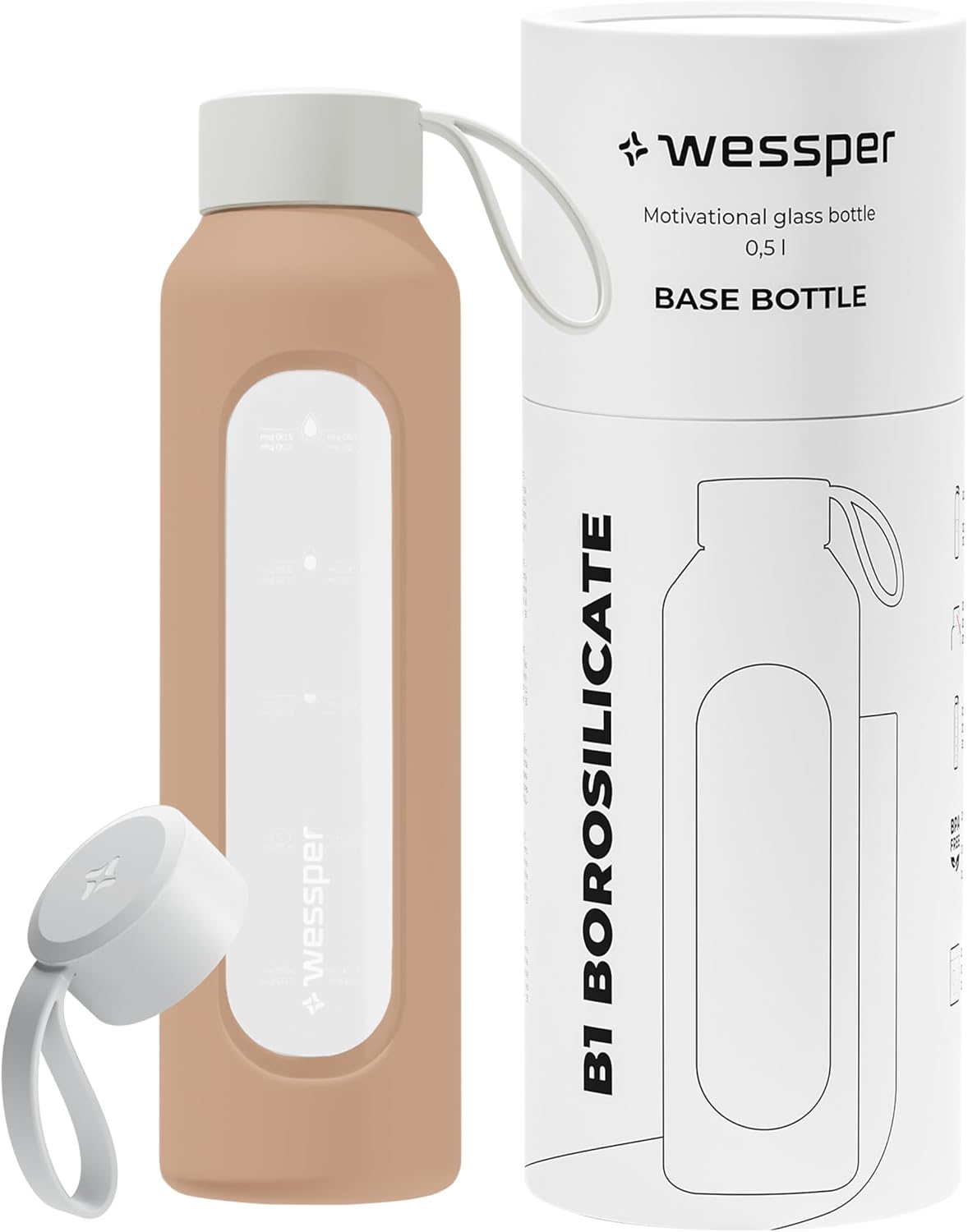 Detalle de Wessper WES260 glazen drinkfles 500 ml met hydratatieschaal en siliconenhoes