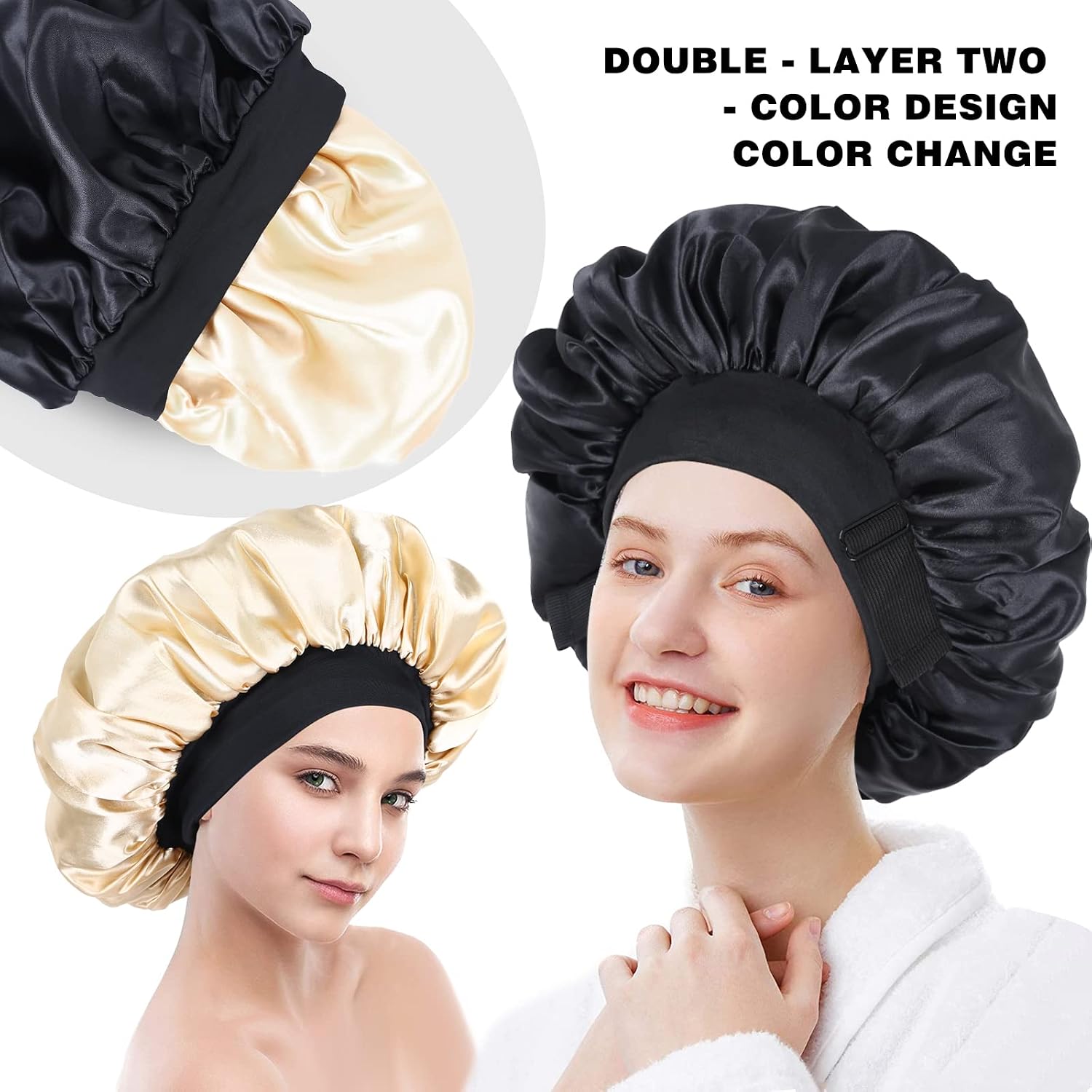 Detalle 1 de XRACEPHOL Double-Layer Satin Sleep Bonnet, Adjustable and Reversible, Black