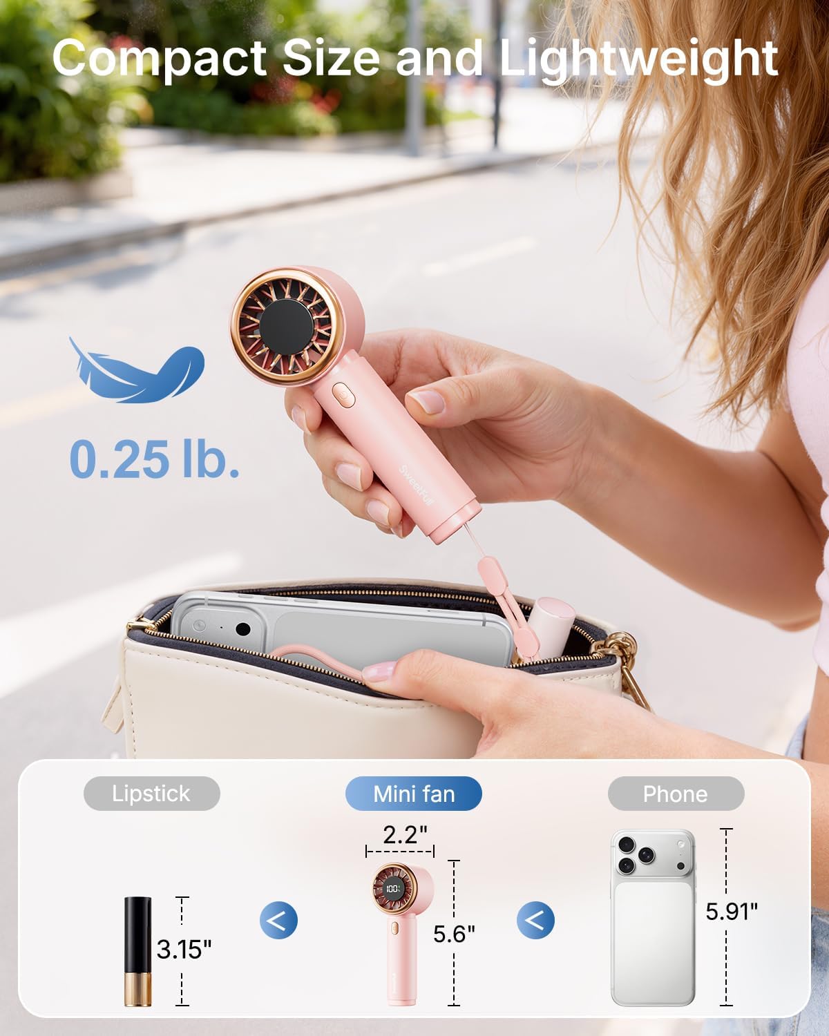 Detalle de SWEETFULL Mini Fan Portable - Pink Handheld Turbo Fan with 5 Speeds and 2000mAh Battery