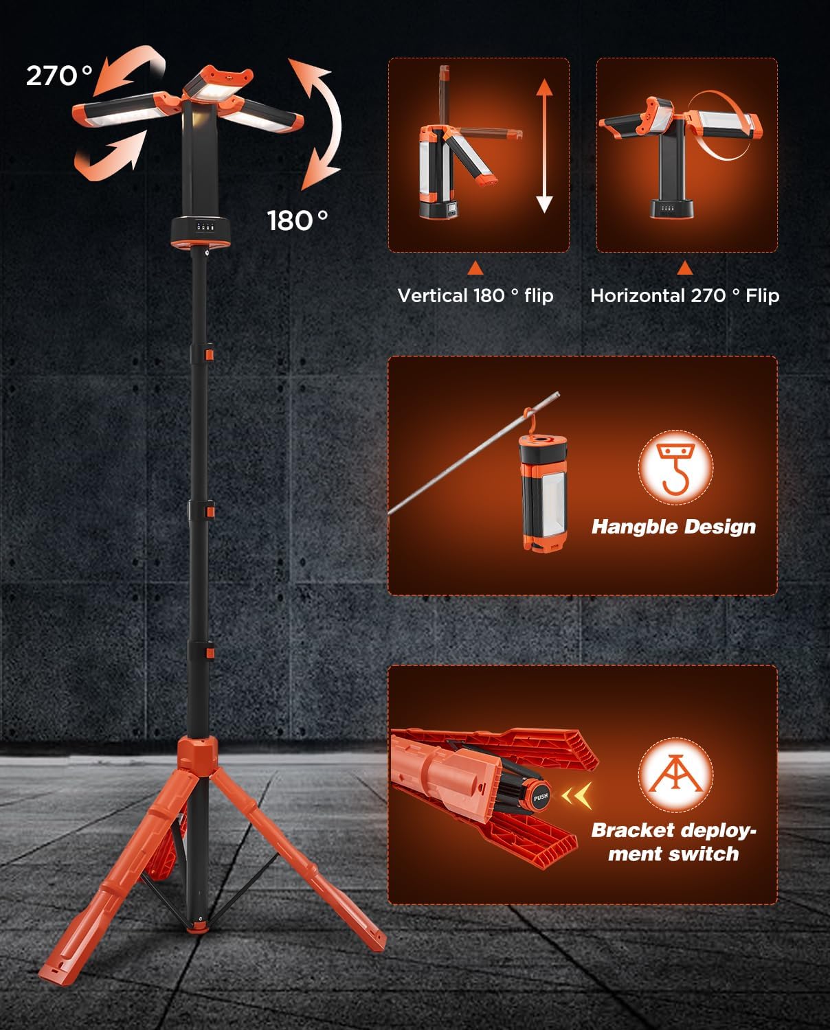 Detalle de Saker LD10-12000mAh Camping Work Light, 3,200 Lumens, Adjustable 73.2-Inch Stand
