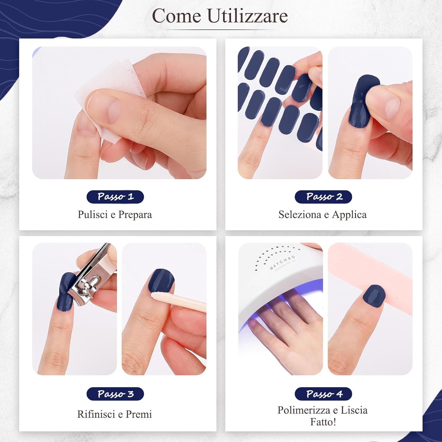 Detalle 2 de Bagavs Unghie Gel Adesive UV 20 PCS Blu Notte – Strisce Semi Polimerizzate per Manicure Facile a Casa