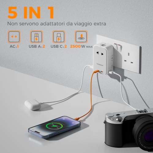 Detalle de TESSAN Adattatore Universale da Viaggio 5 in 1 con 2 USB-C PD 45W e 2 USB-A