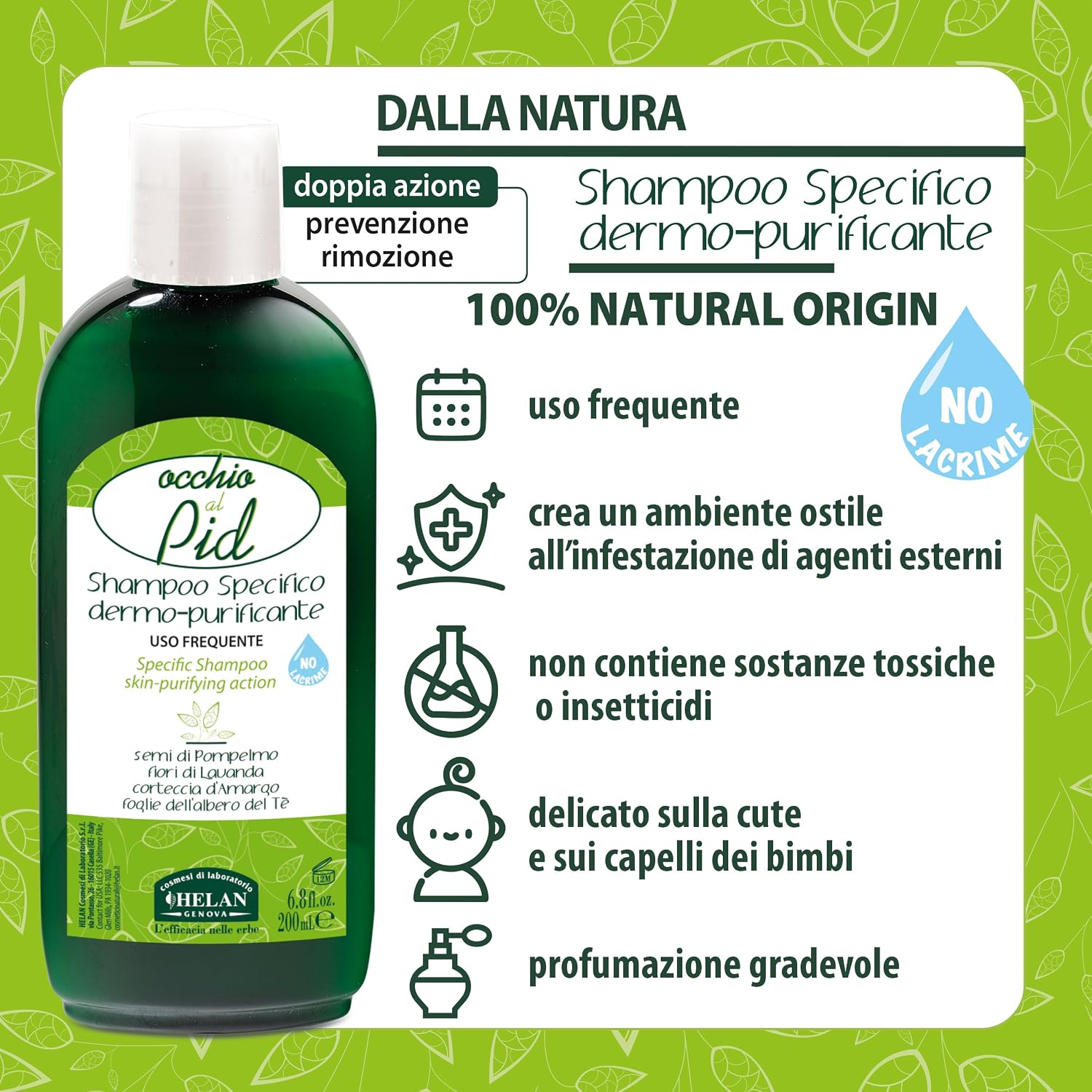 Detalle 2 de Helan Occhio al Pidocchio Shampoo Pidocchi e Lendini Forte – trattamento per pelli sensibili, oli vegetali e lavanda, 200 ml