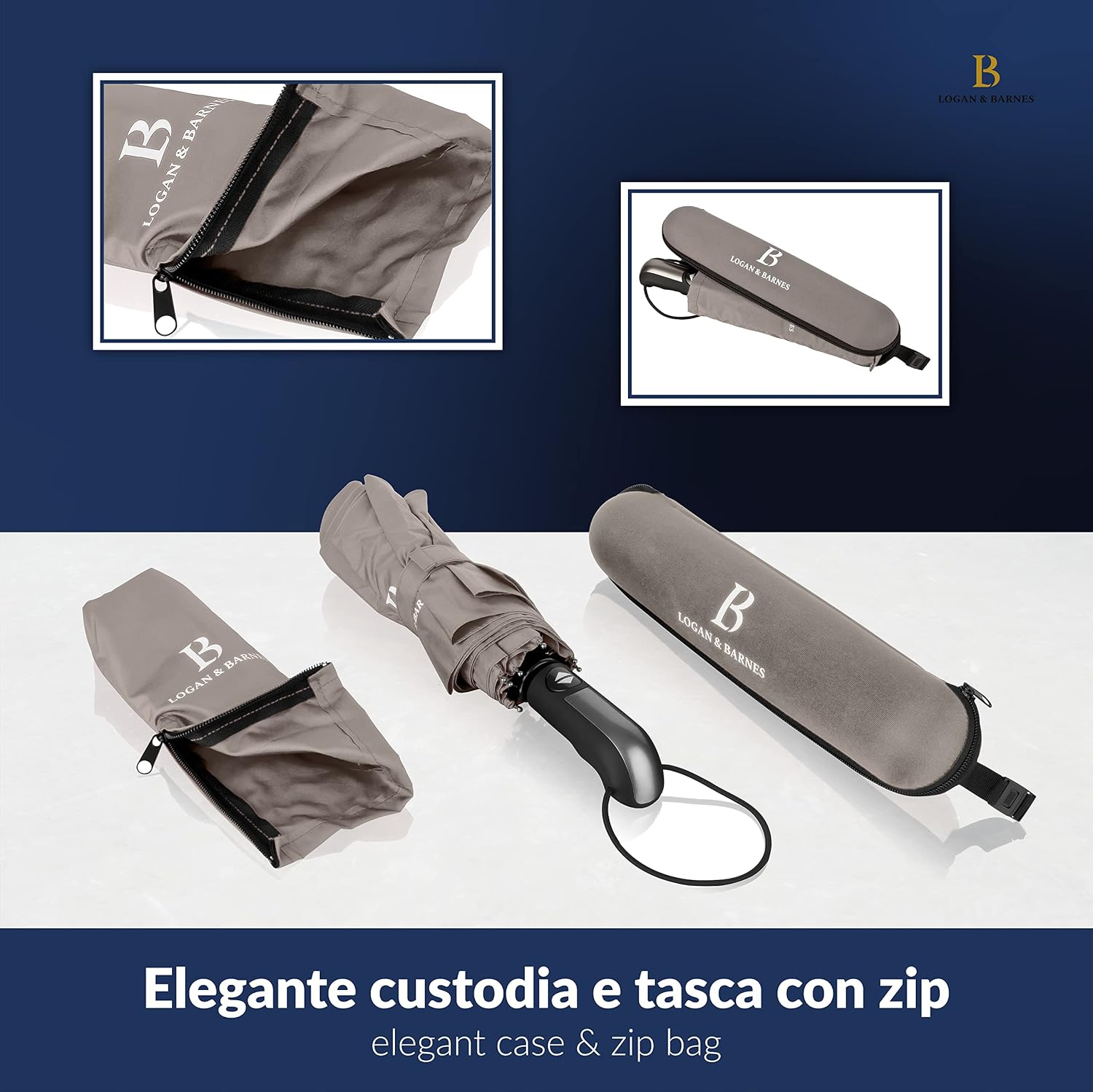 Detalle de Ombrello Pieghevole Automatico Manchester di Logan & Barnes – resistente al vento fino a 140 km/h