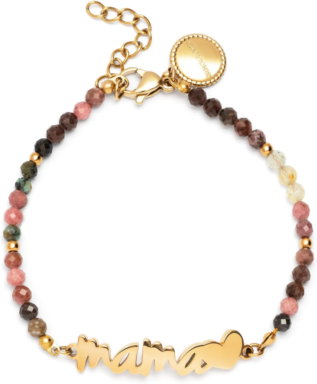 Detalle de SINGULARU Pulsera Mamá Heart Tourmaline: acero con baño 18K y piedras naturales