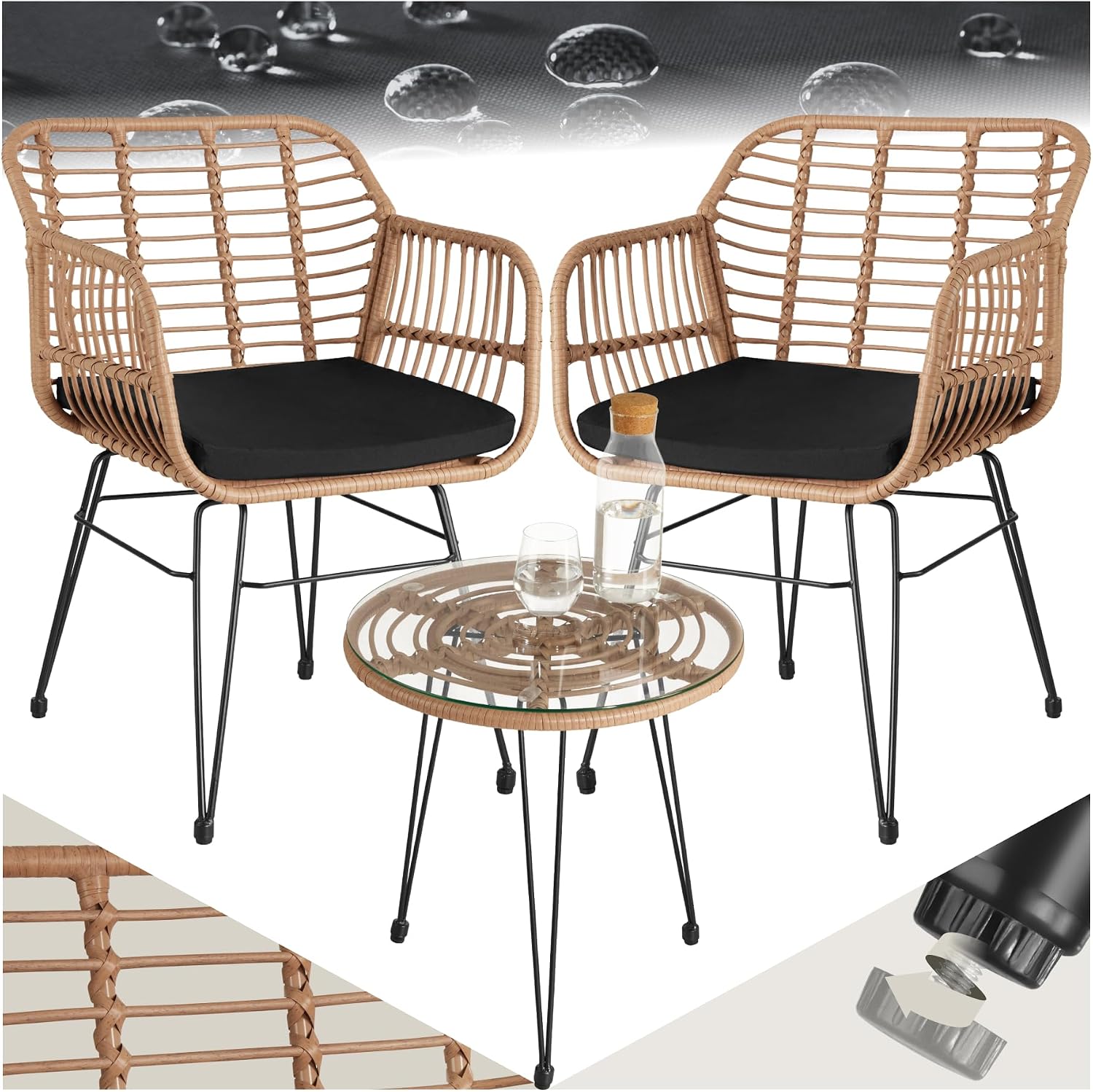 Detalle de tectake 403558-SE caféset i konstrotting med två stolar och bord i glas