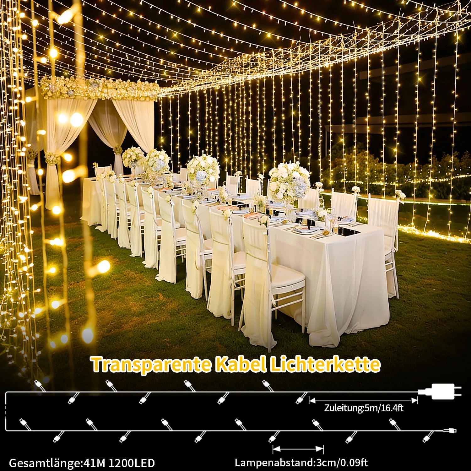 Detalle de JXLEDAYY 1200 LED Lichterkette für außen – 36 m Outdoor-Lichterkette mit Timer & Fernbedienung (Warmweiß)