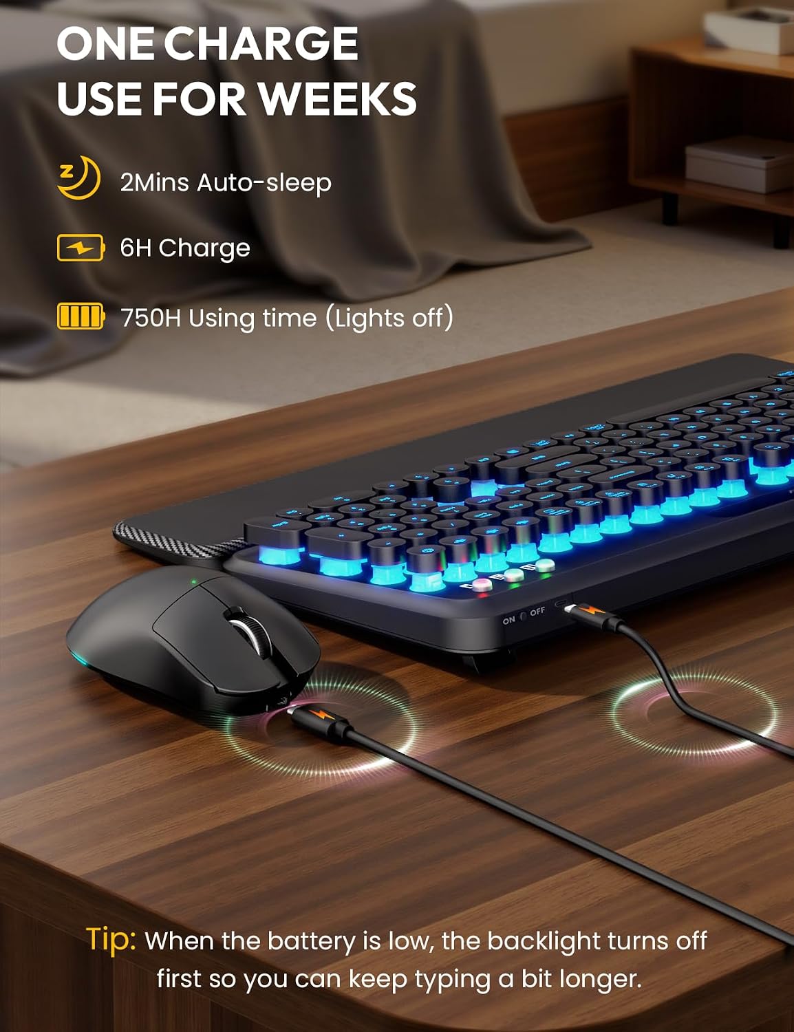 Detalle de SABLUTE CK13Pro Wireless Keyboard and Mouse with Backlit Keys and Wrist Rest
