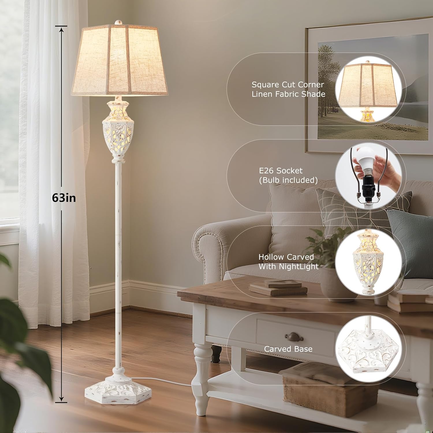 Detalle de Luvkczc F00011 Rustic Resin Floor Lamp with Carved Base and Night Light