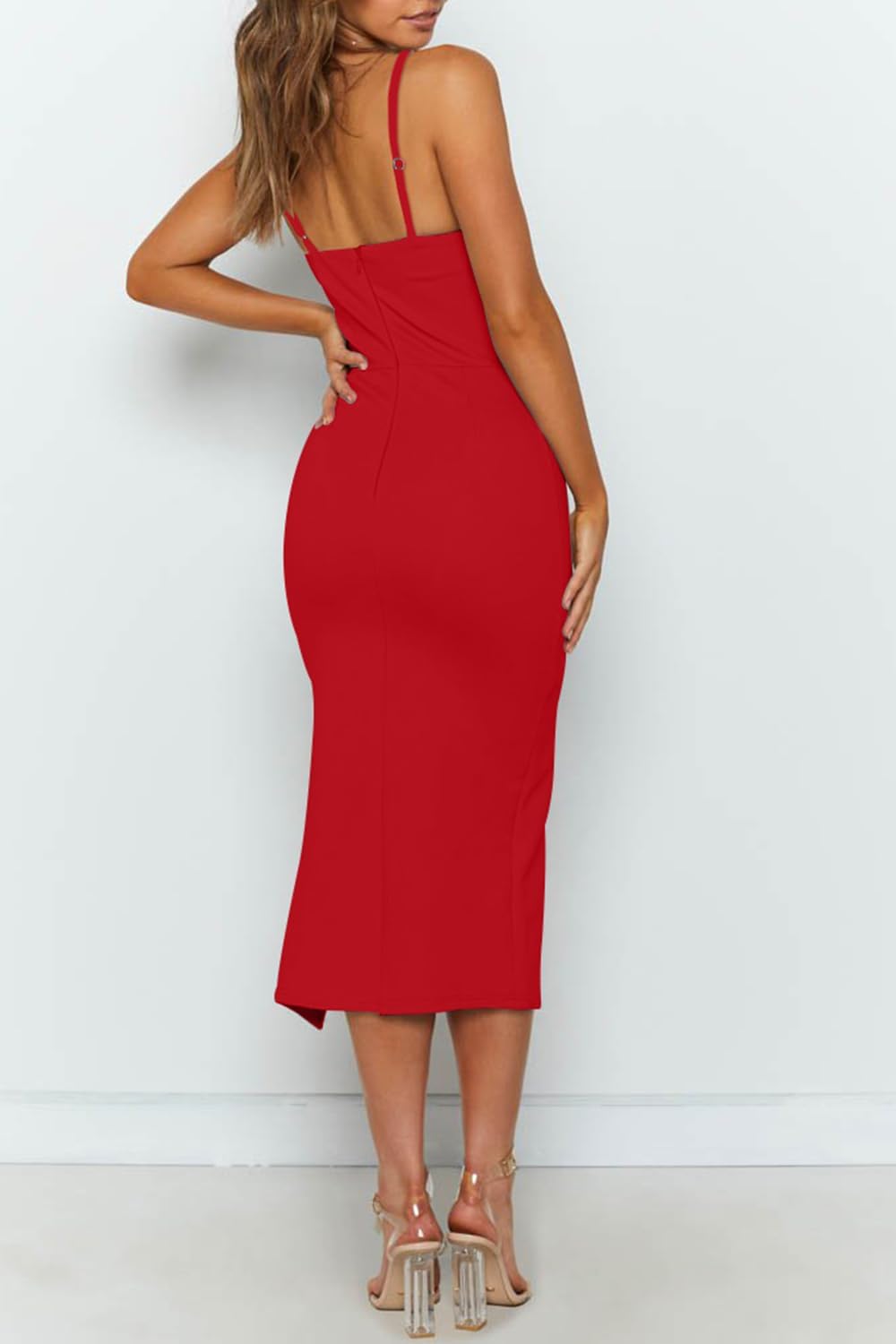 Thumbnail 3 de OWIN Women's Adjustable Spaghetti Straps Sleeveless High Waist Split Midi Bodycon Cocktail Party Dress