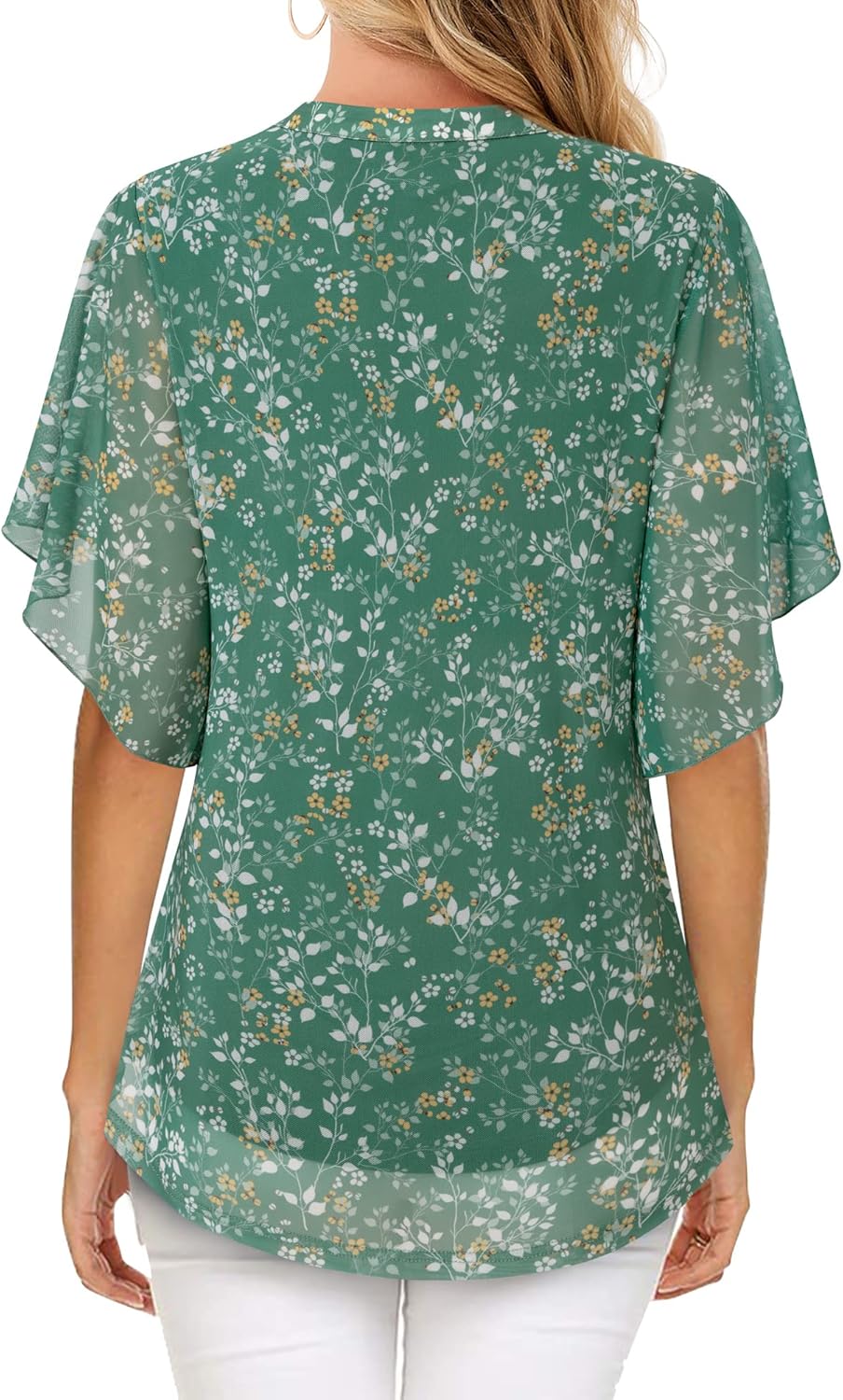 Detalle de Timeson Women’s Short Sleeve V-Neck Blouses Floral Double-Layer Mesh Tunic Tops