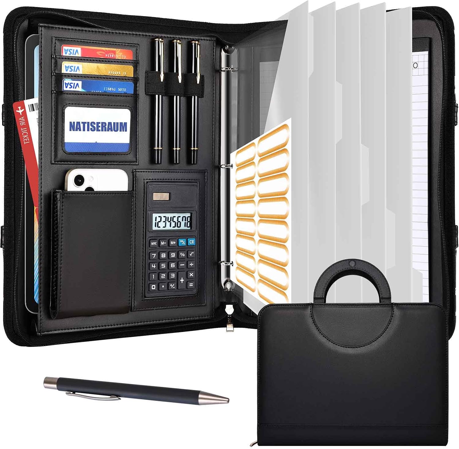Detalle de NATISERAUM Portfolio Organizer, Zippered 3-Ring Vegan Leather Binder