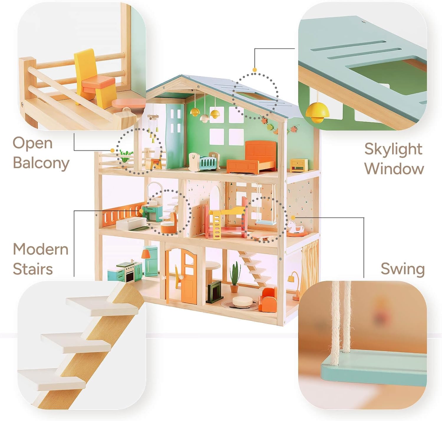 Thumbnail 6 de Giant bean Large Wooden Dollhouse with 32-Piece Furniture Set, 3-Story 5-Room Playhouse