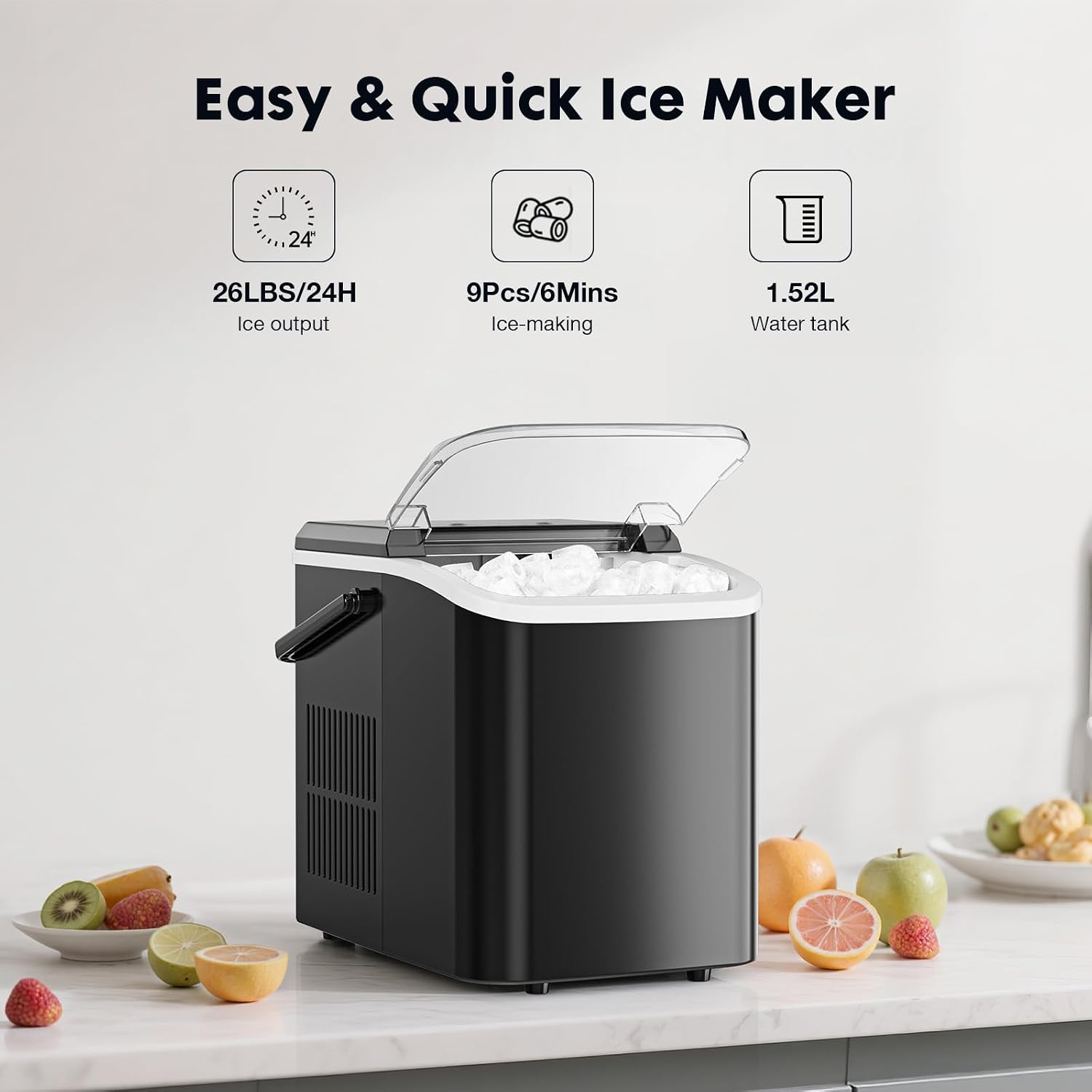 Detalle de Sweetcrispy Quiet Countertop Ice Maker, Black, Bullet Ice and Self-Cleaning