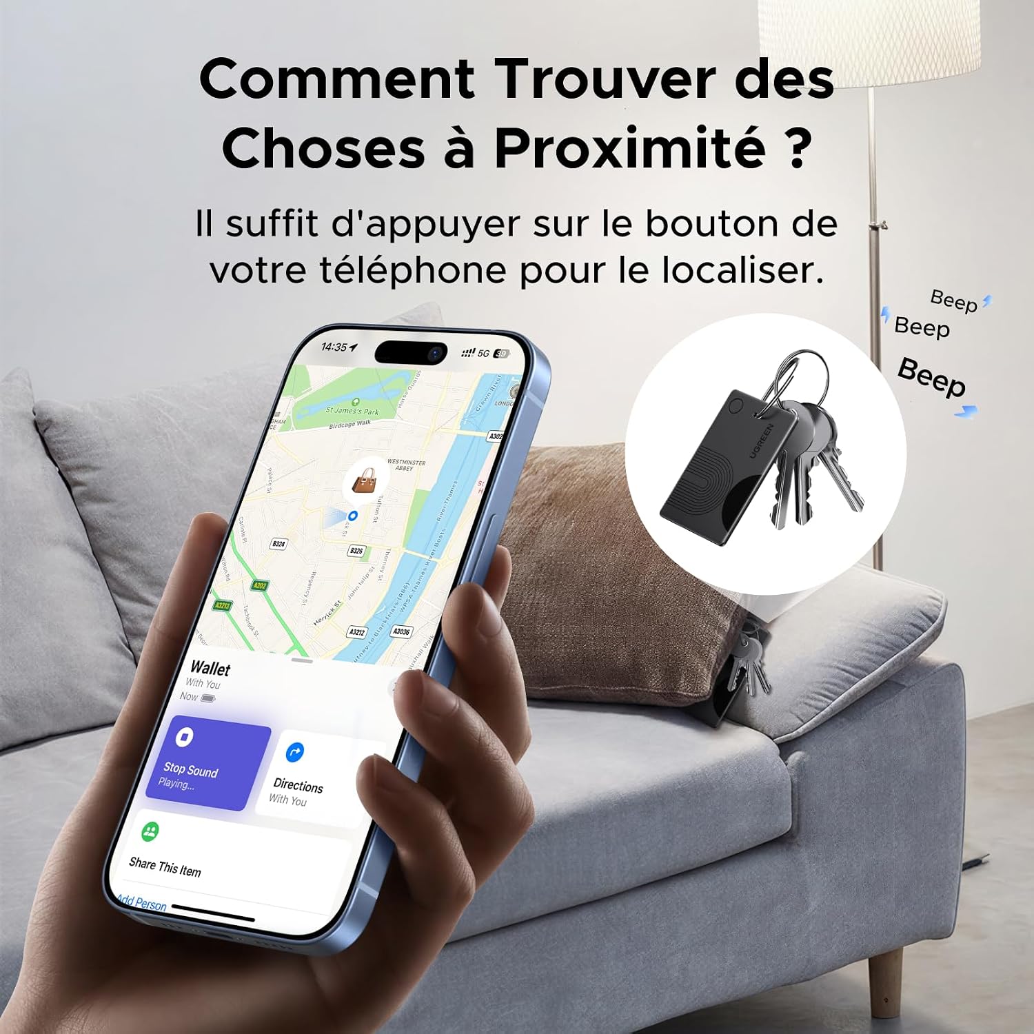 Detalle 2 de UGREEN FineTrack Slim Wallet Tracker voor iOS, IP68 en 100 dB