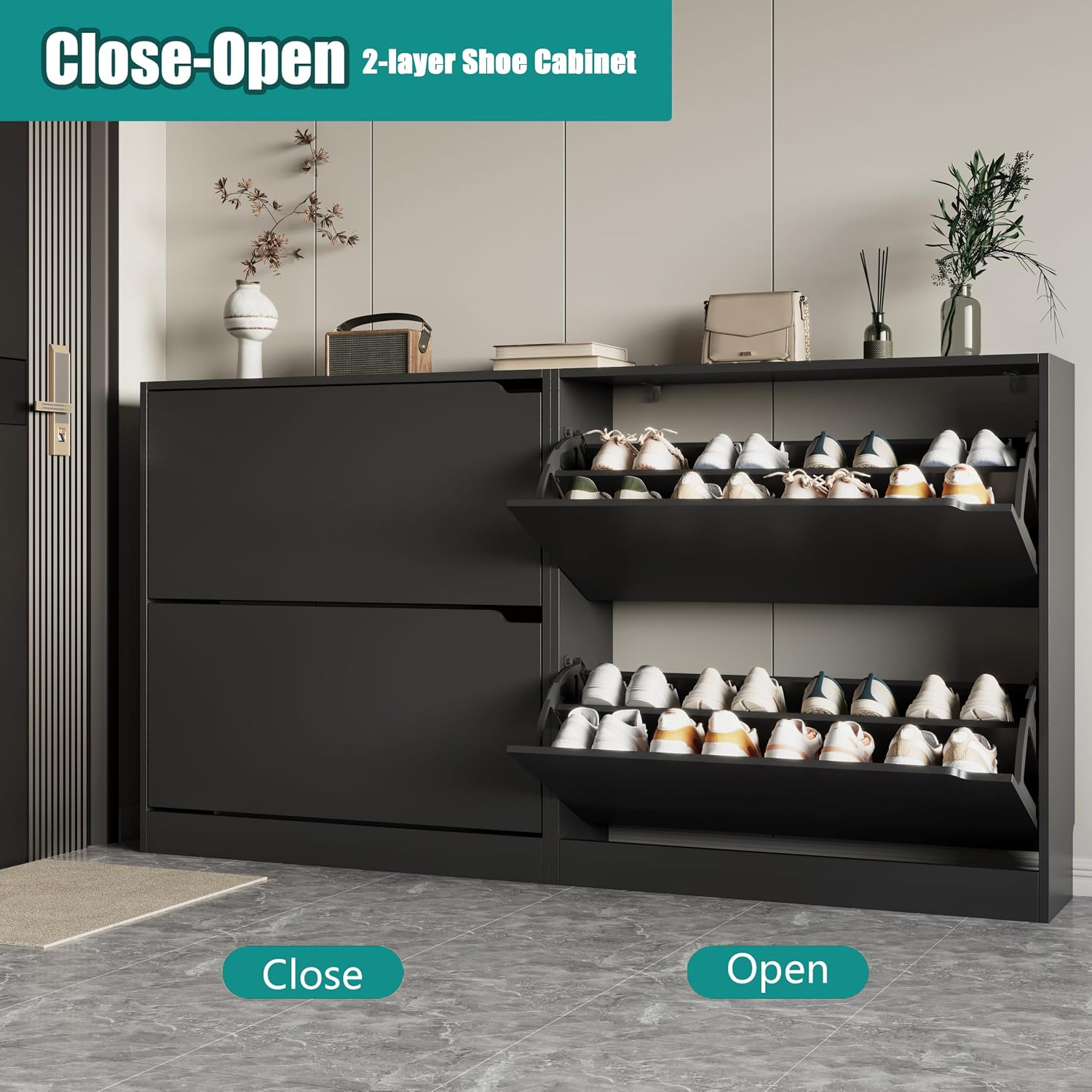Detalle de Xixini 002 Shoe Storage Cabinet, 2 Flip Drawers, Slim Black Design