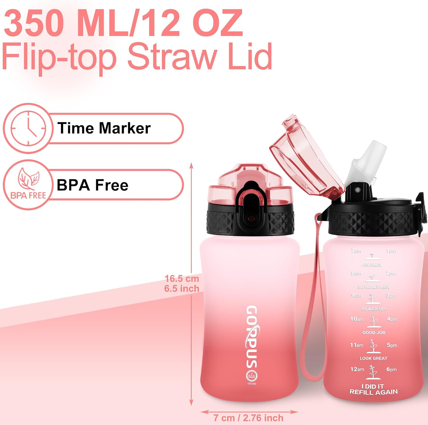 Thumbnail 1 de GOPPUS 350ml Kids Water Bottle with Straw, Flip Top Lid & Strap (Blush Pink Ombre)