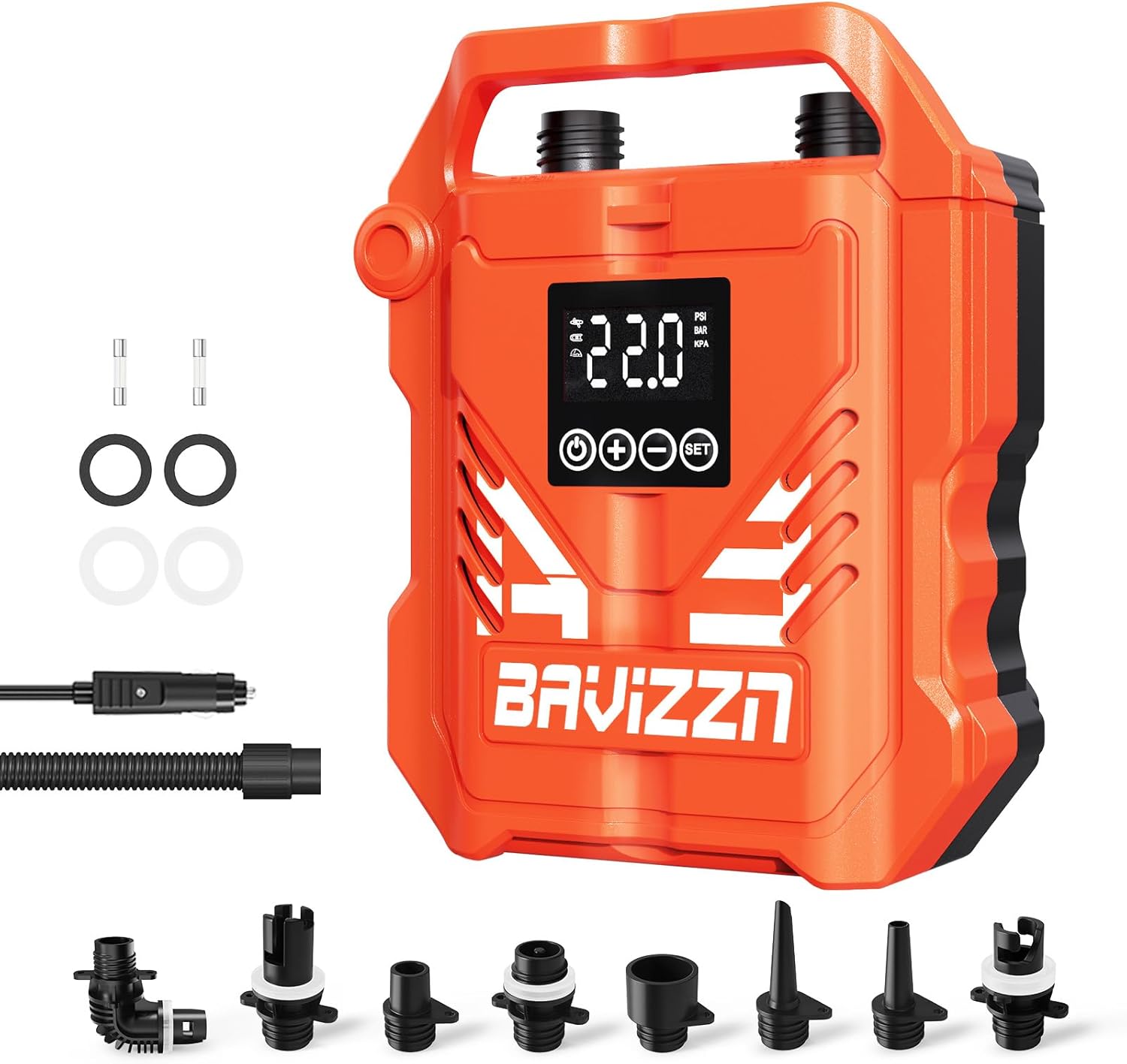 BAVIZZN Sup Pump 22PSI 12V Dual Stage Paddle Board Pump (auto-off, inflator/deflator)