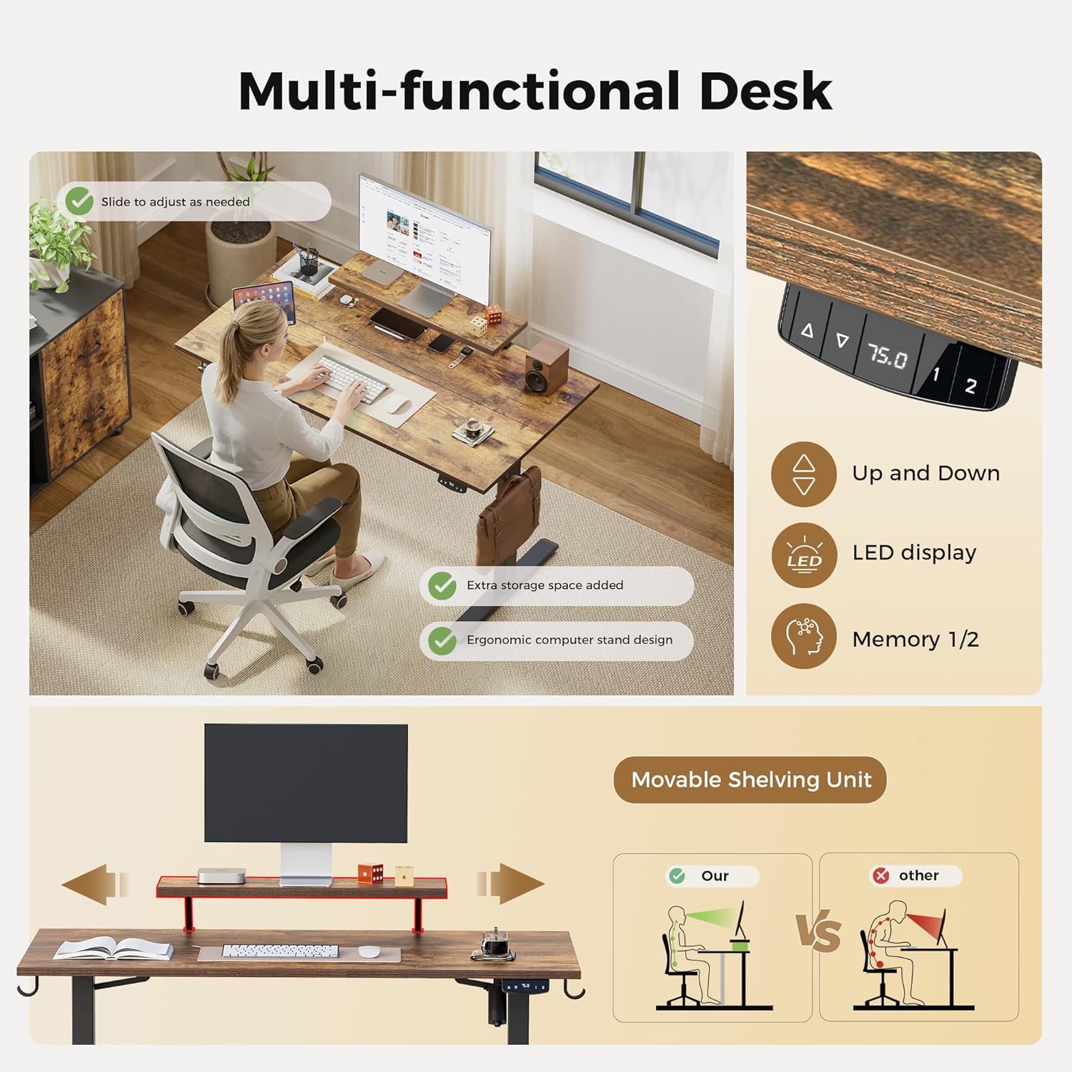 Thumbnail 3 de Agilestic Electric Standing Desk with Movable Monitor Stand (100 x 60 cm, Rustic Brown) – Two Memory Presets