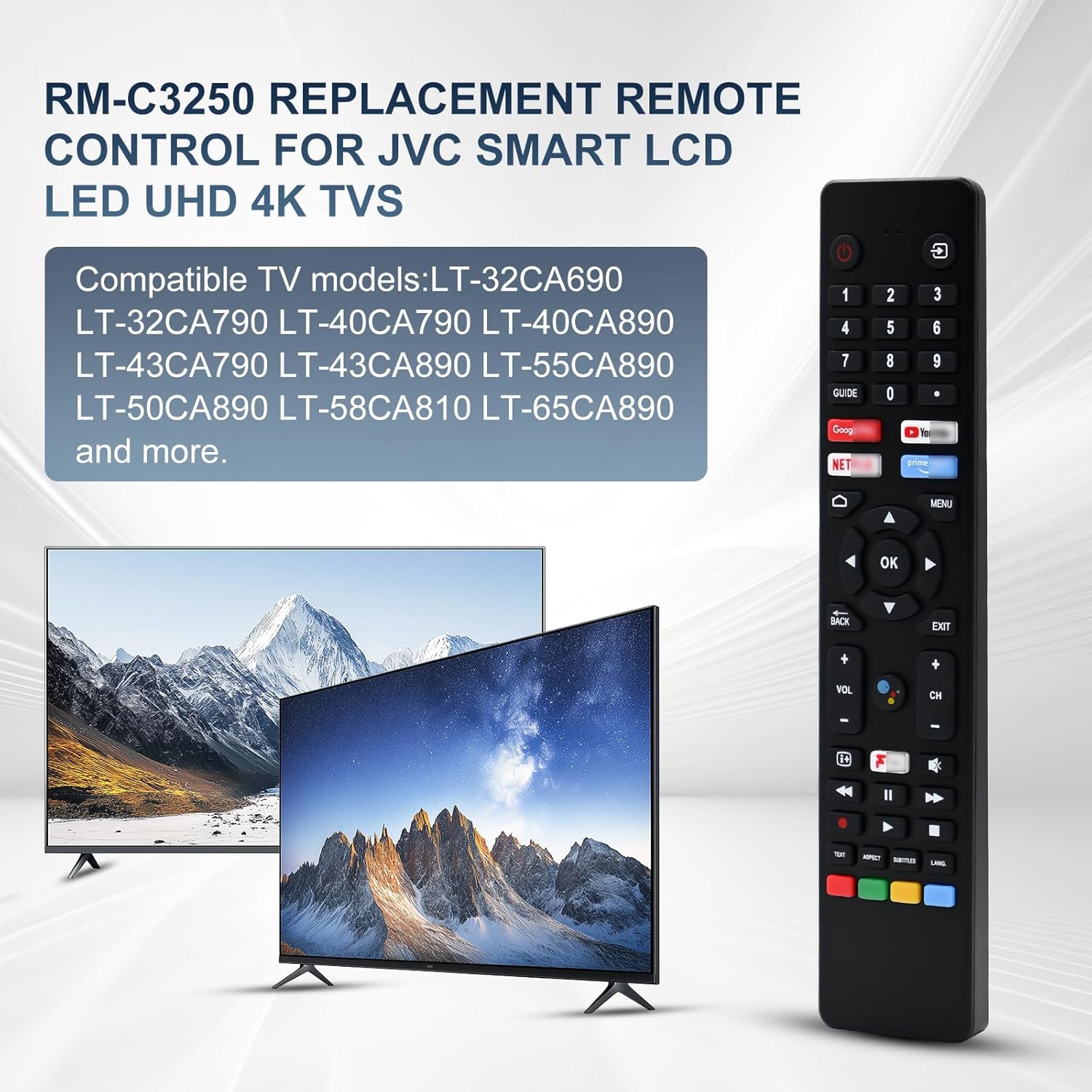 Detalle de RM-C3250 Replacement JVC Remote for Smart 4K UHD TVs with Netflix, YouTube, Prime Video & Google Play (No Voice)